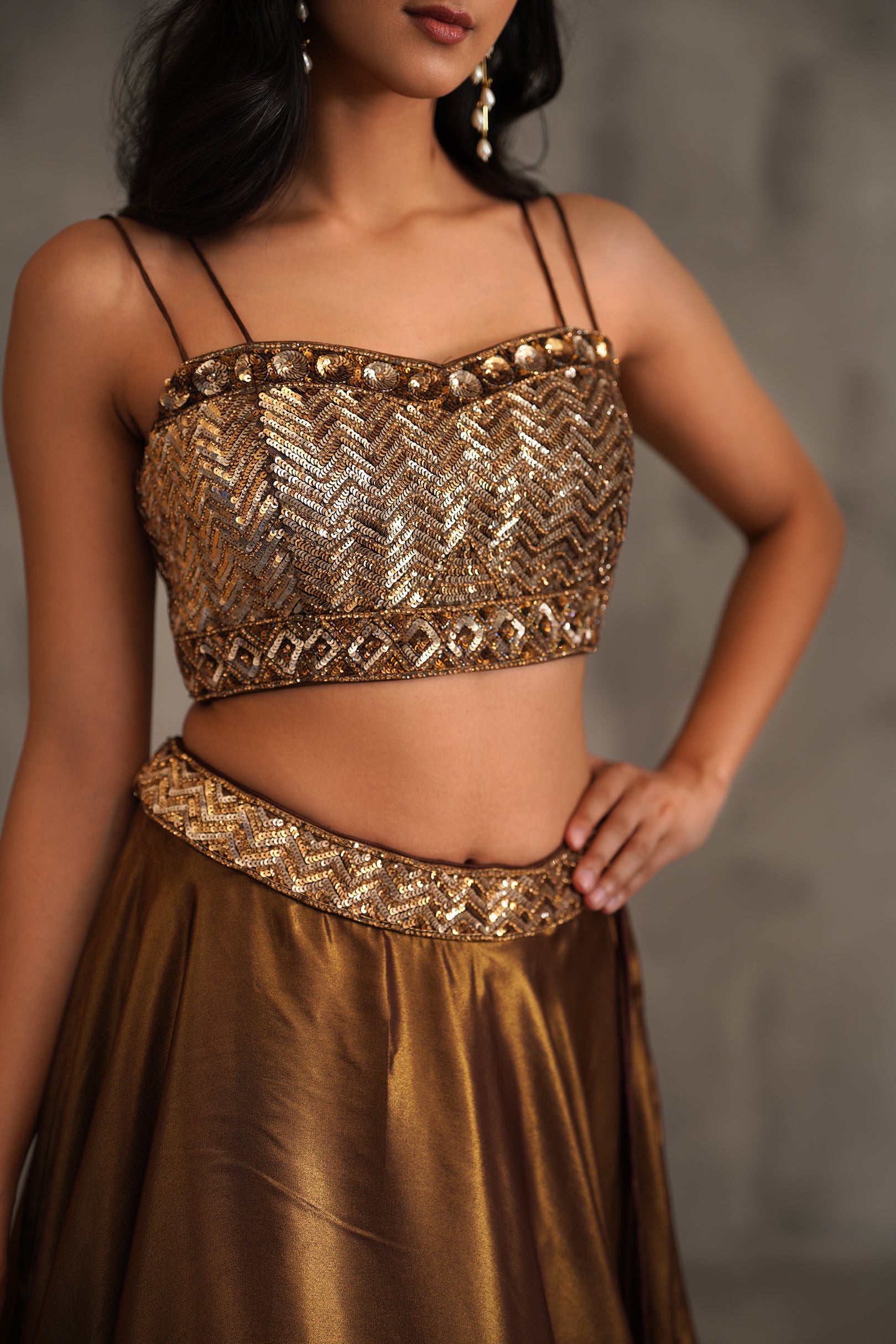 BRONZE EMBROIDERED BUSTIER AND LEHANGA