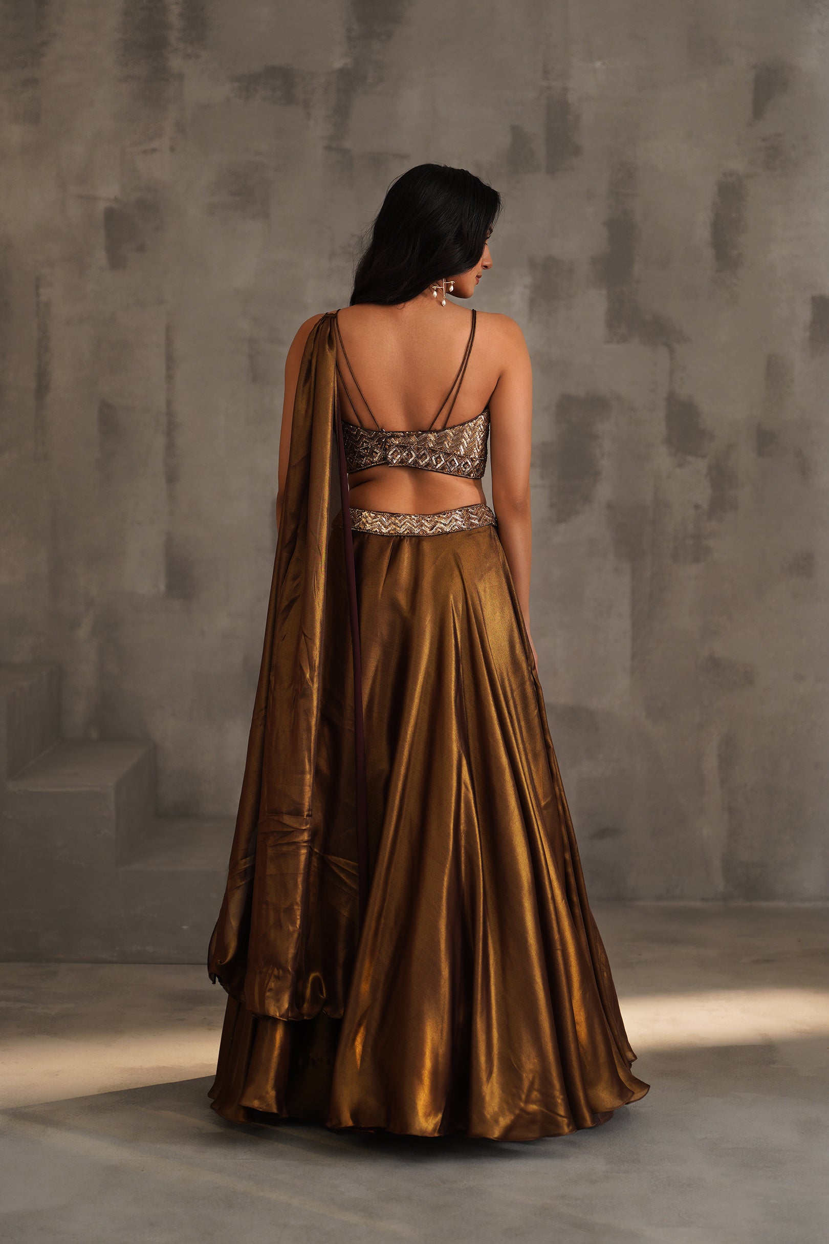 BRONZE EMBROIDERED BUSTIER AND LEHANGA