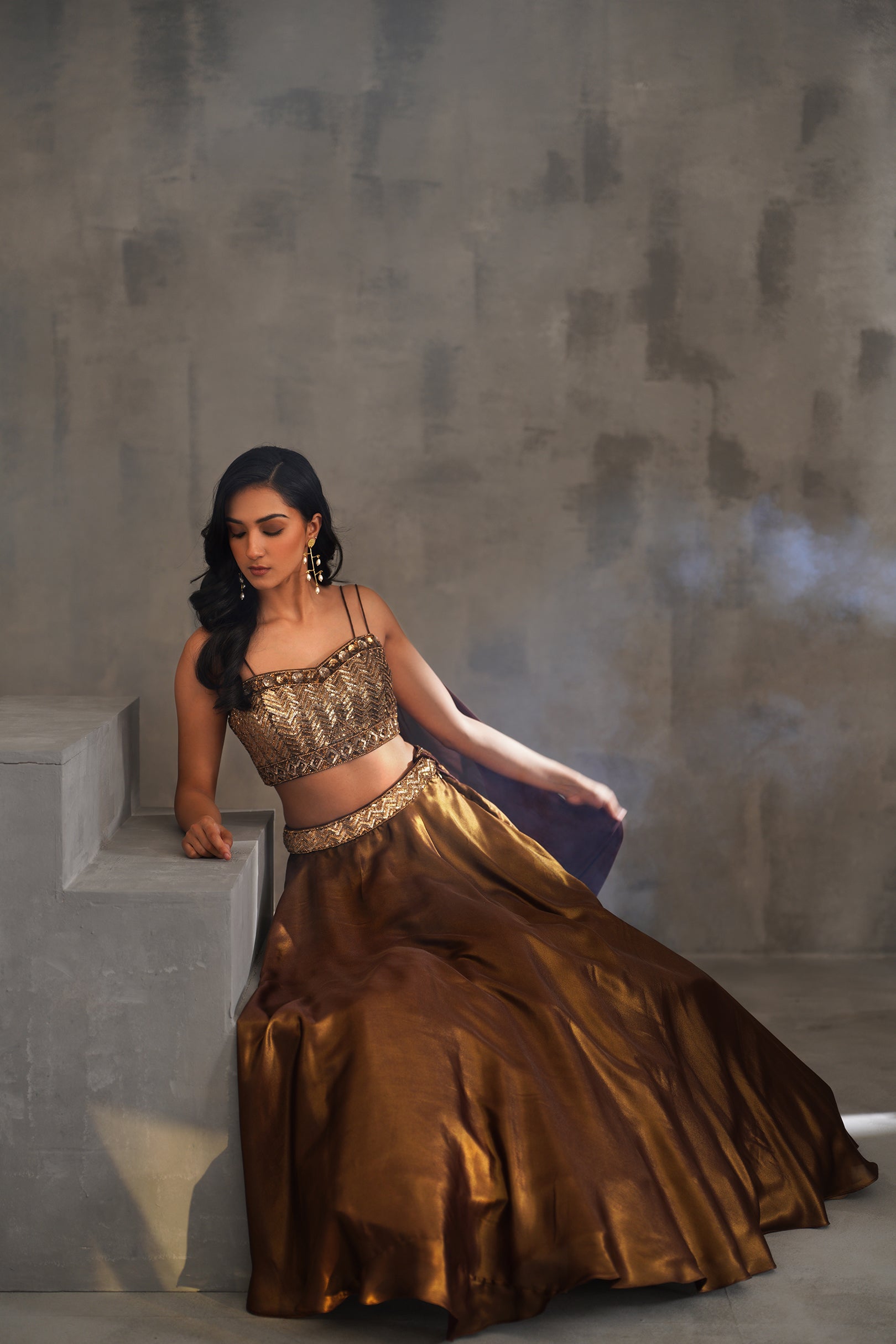 BRONZE EMBROIDERED BUSTIER AND LEHANGA