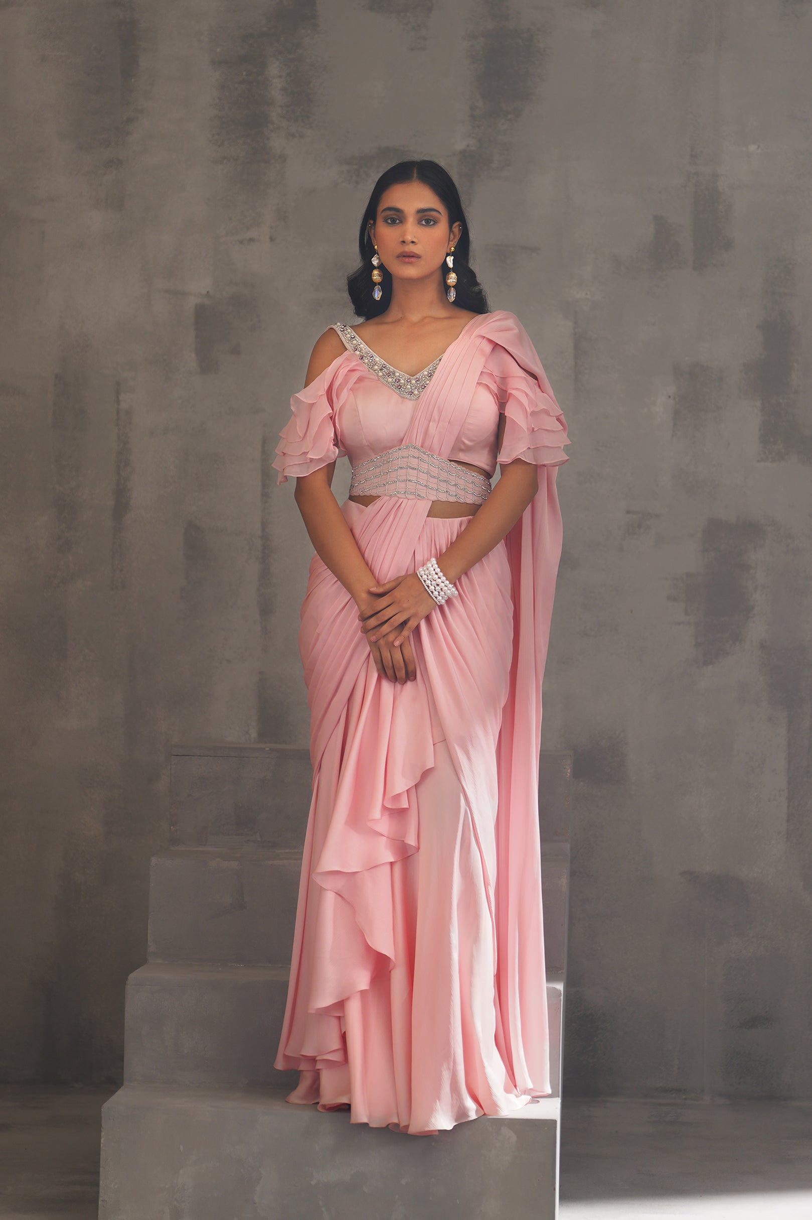 BABY PINK EMBROIDERED BLOUSE,DRAPED SAREE
