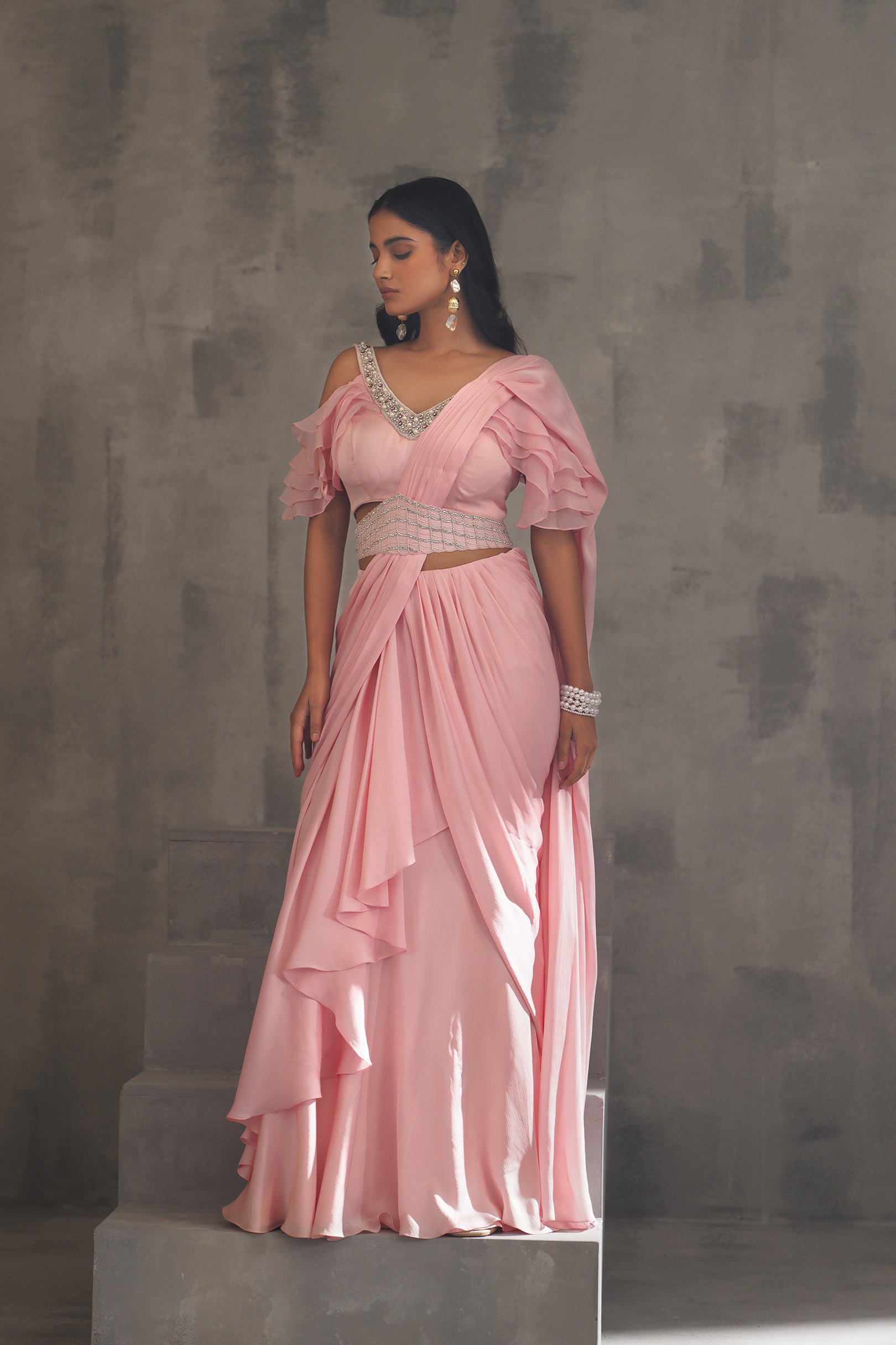 BABY PINK EMBROIDERED BLOUSE,DRAPED SAREE