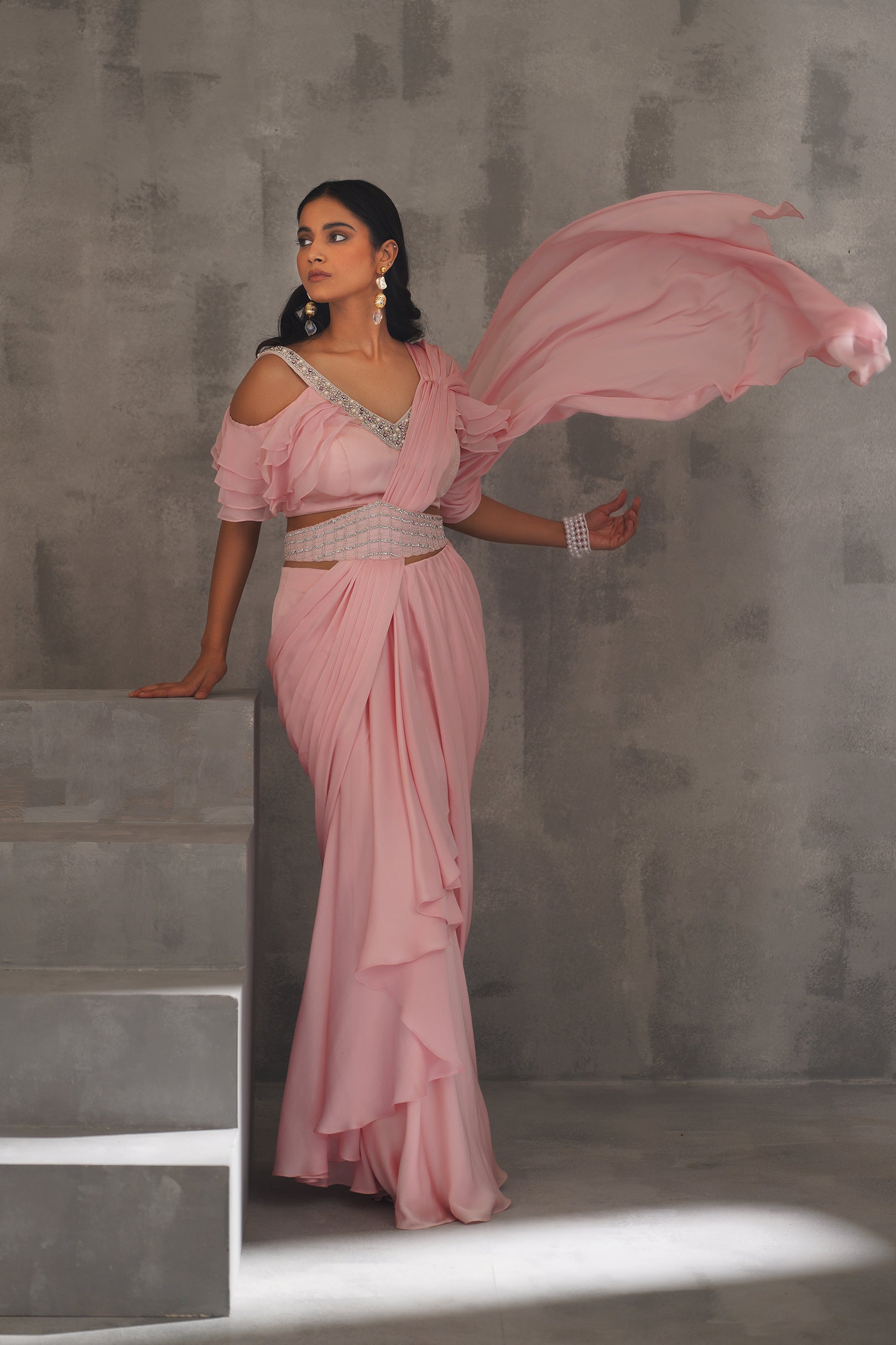BABY PINK EMBROIDERED BLOUSE,DRAPED SAREE