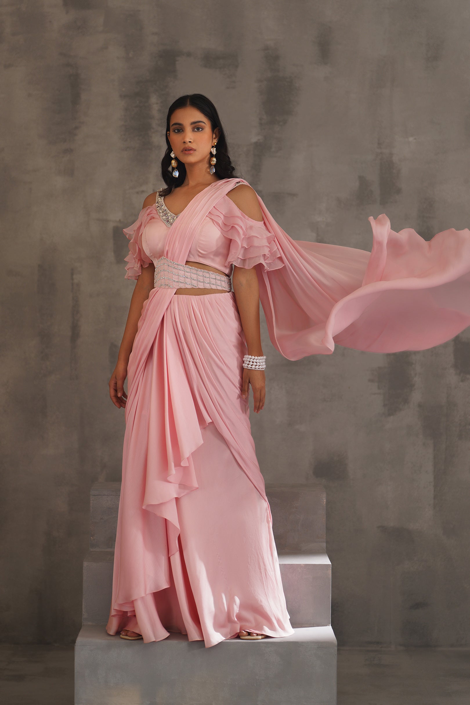 BABY PINK EMBROIDERED BLOUSE,DRAPED SAREE