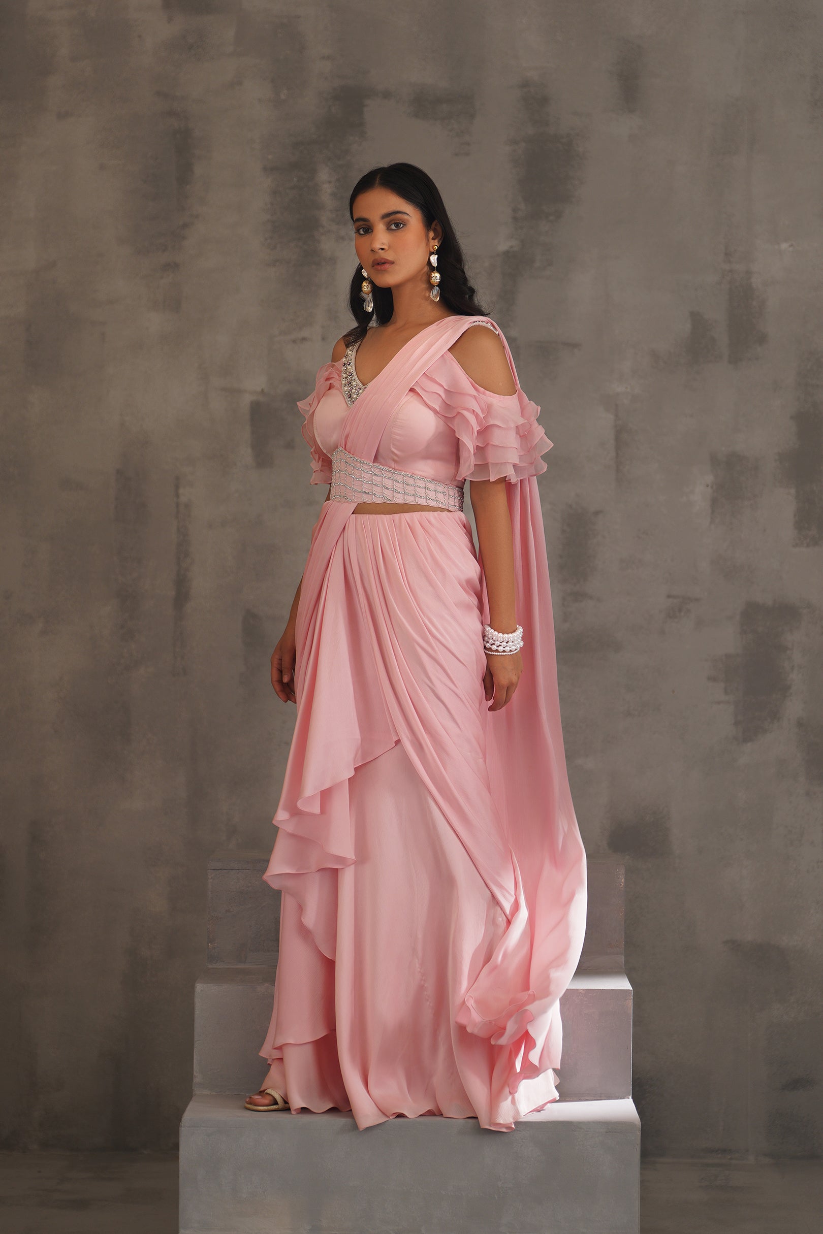 BABY PINK EMBROIDERED BLOUSE,DRAPED SAREE