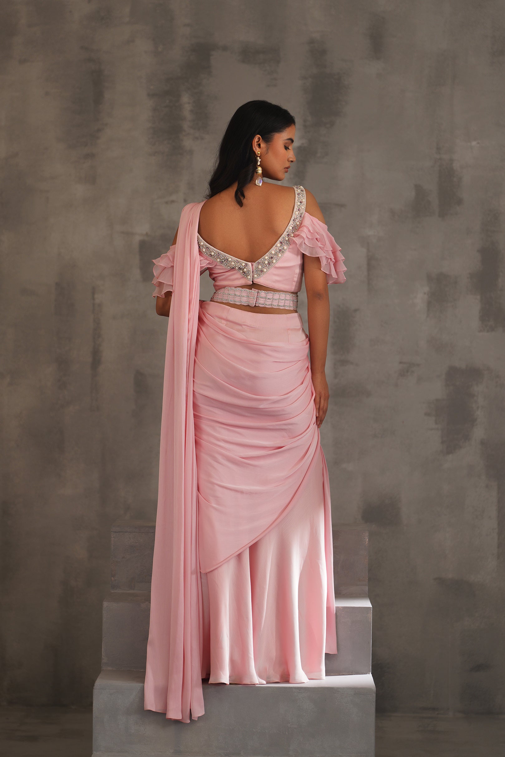 BABY PINK EMBROIDERED BLOUSE,DRAPED SAREE