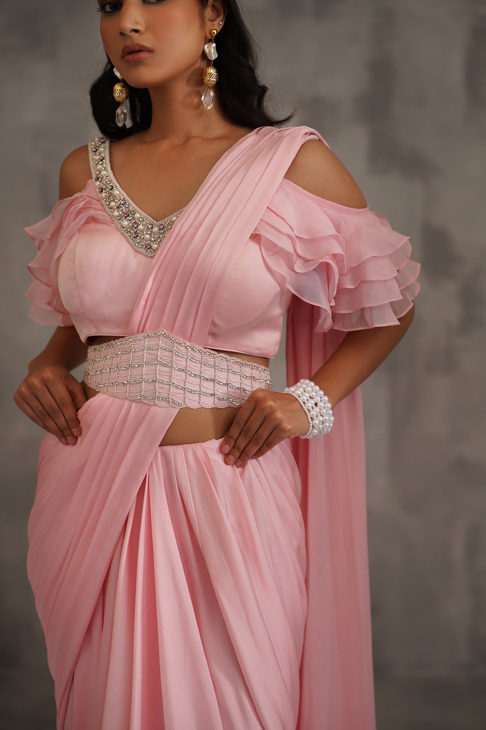 BABY PINK EMBROIDERED BLOUSE,DRAPED SAREE
