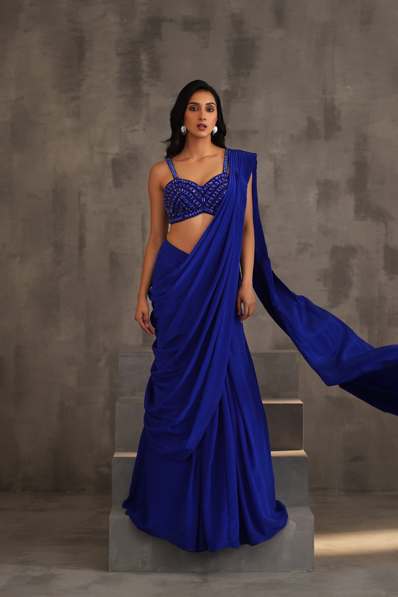 ROYAL BLUE EMBROIDERED BLOUSE AND DRAPE SAREE