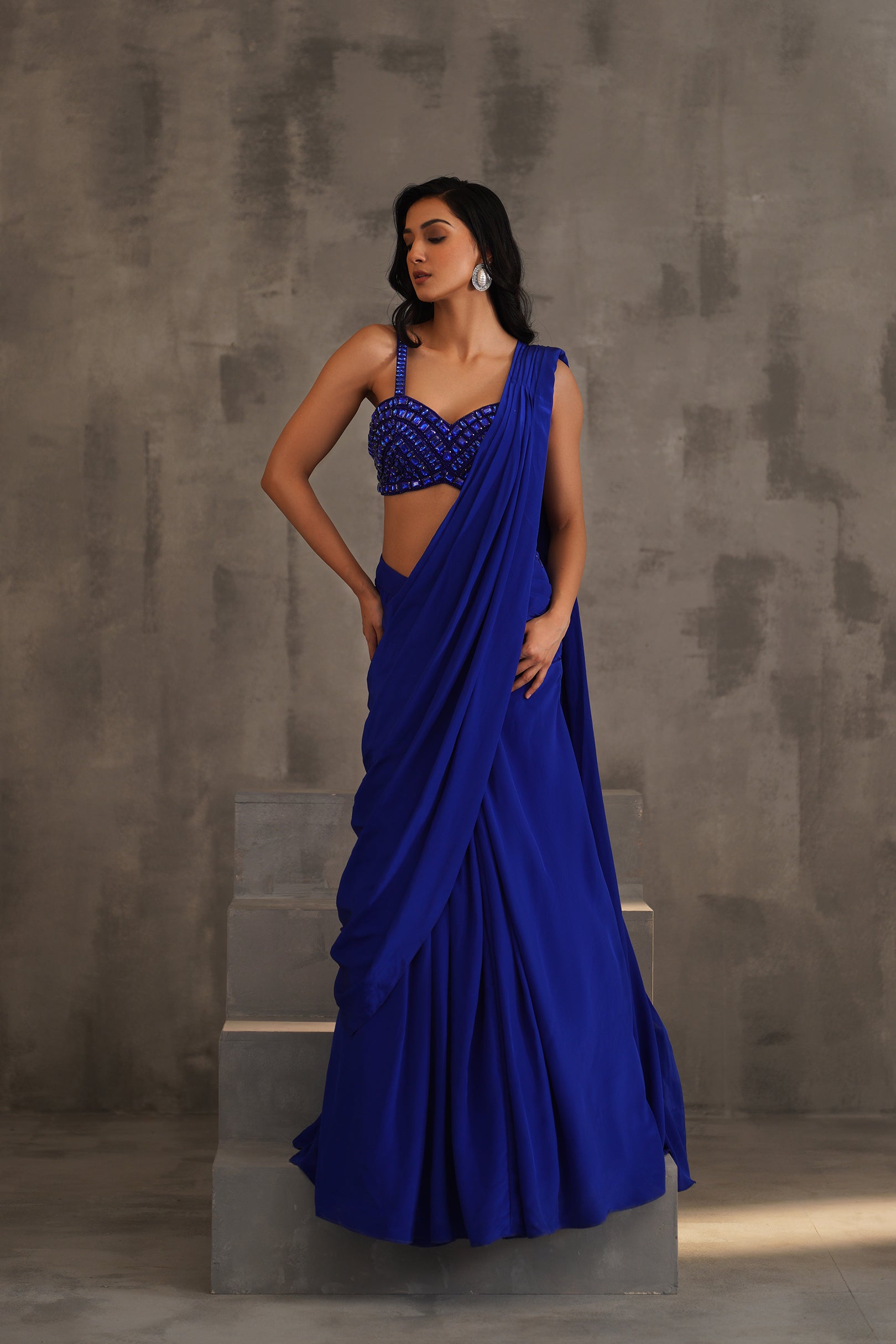 ROYAL BLUE EMBROIDERED BLOUSE AND DRAPE SAREE