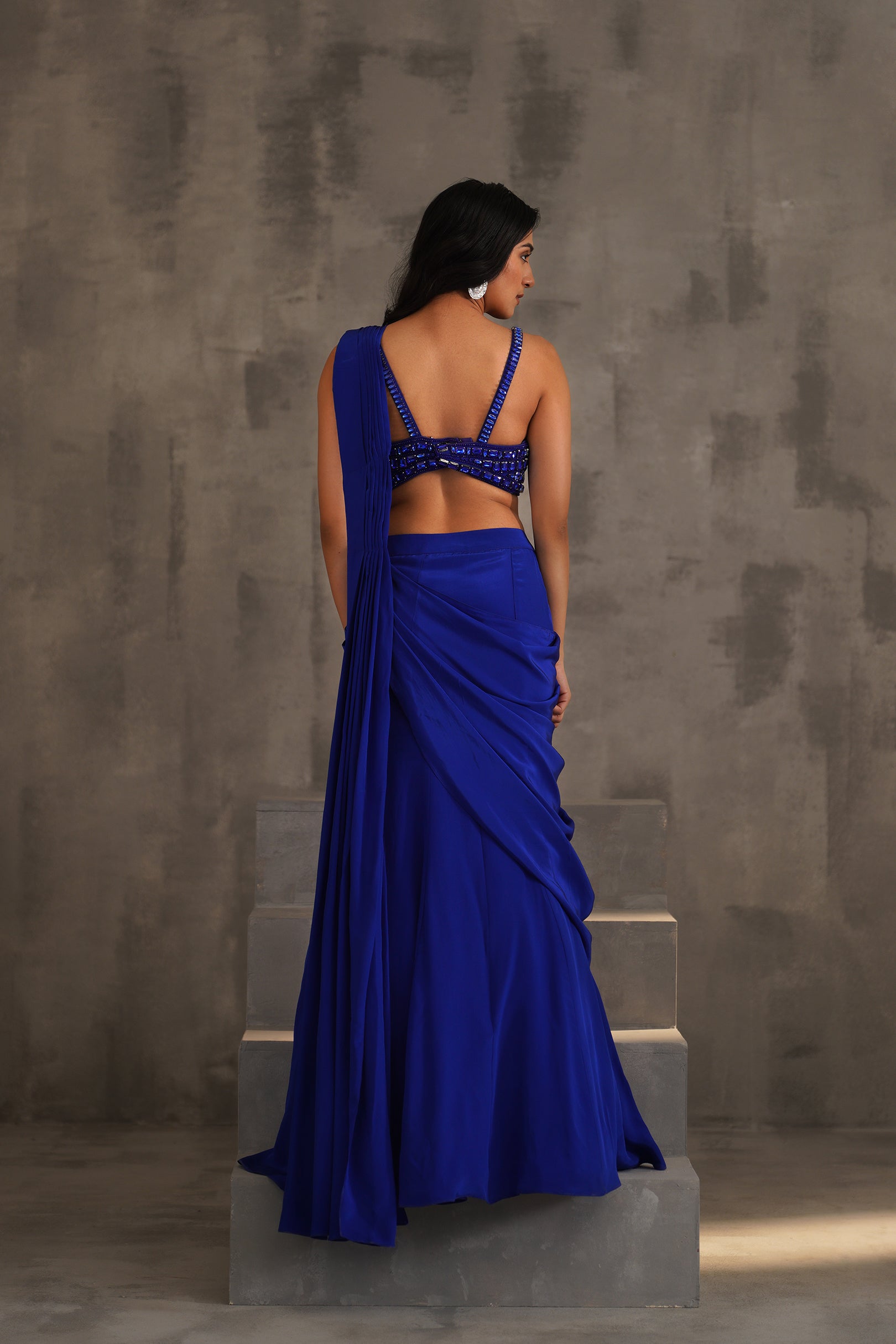 ROYAL BLUE EMBROIDERED BLOUSE AND DRAPE SAREE