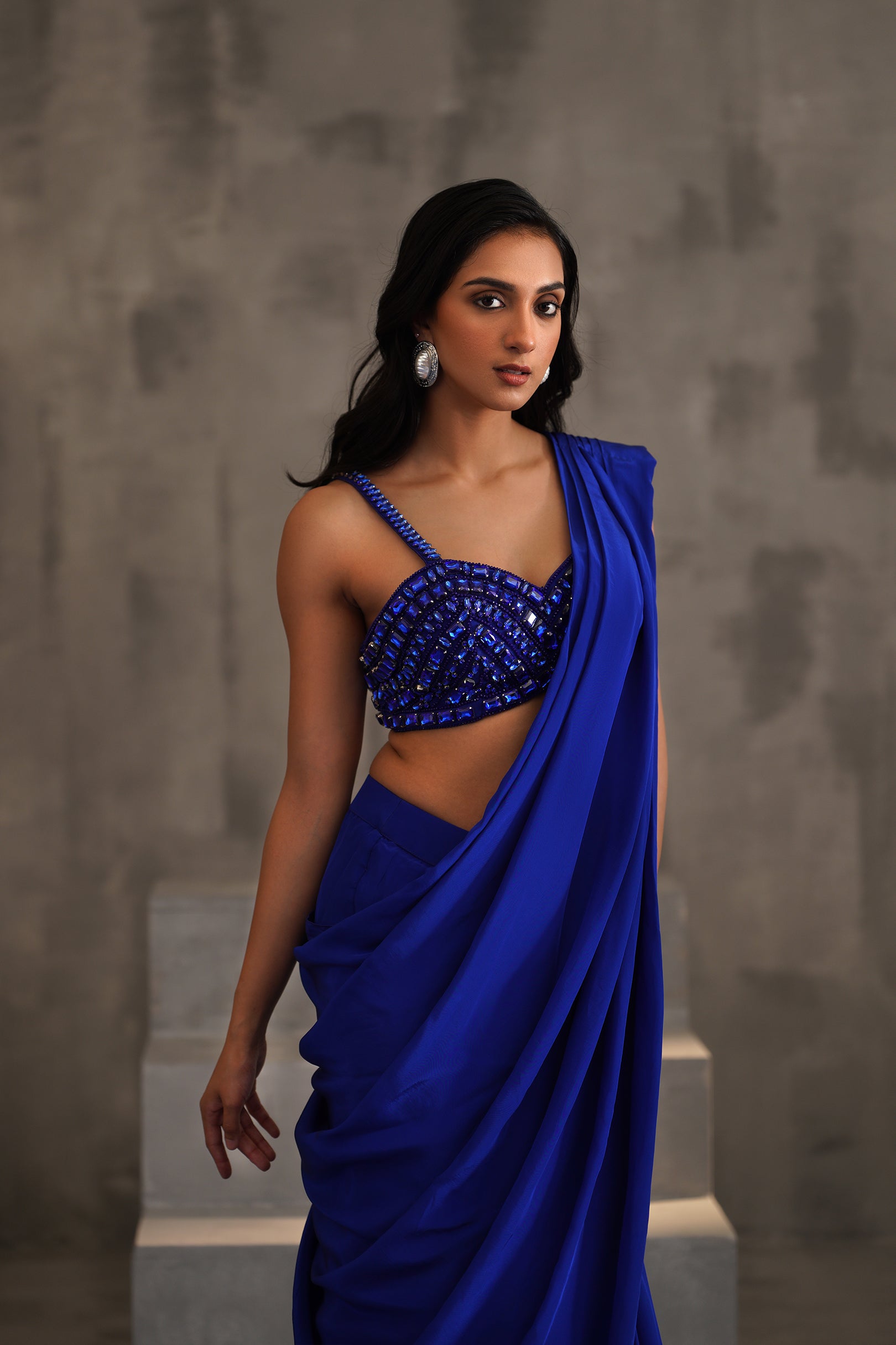 ROYAL BLUE EMBROIDERED BLOUSE AND DRAPE SAREE