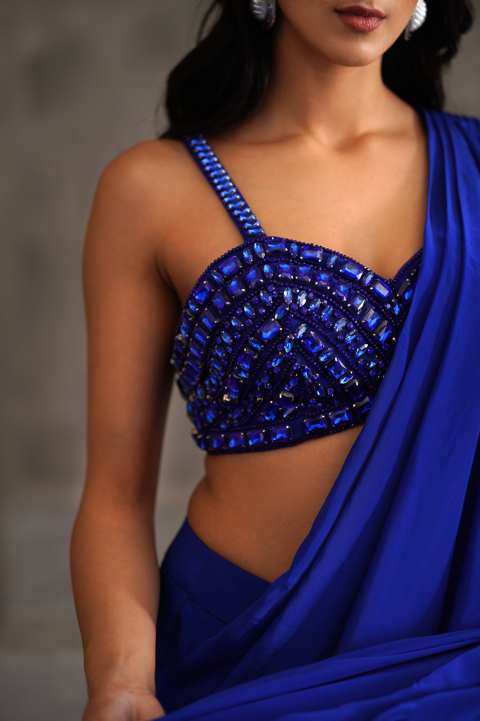 ROYAL BLUE EMBROIDERED BLOUSE AND DRAPE SAREE