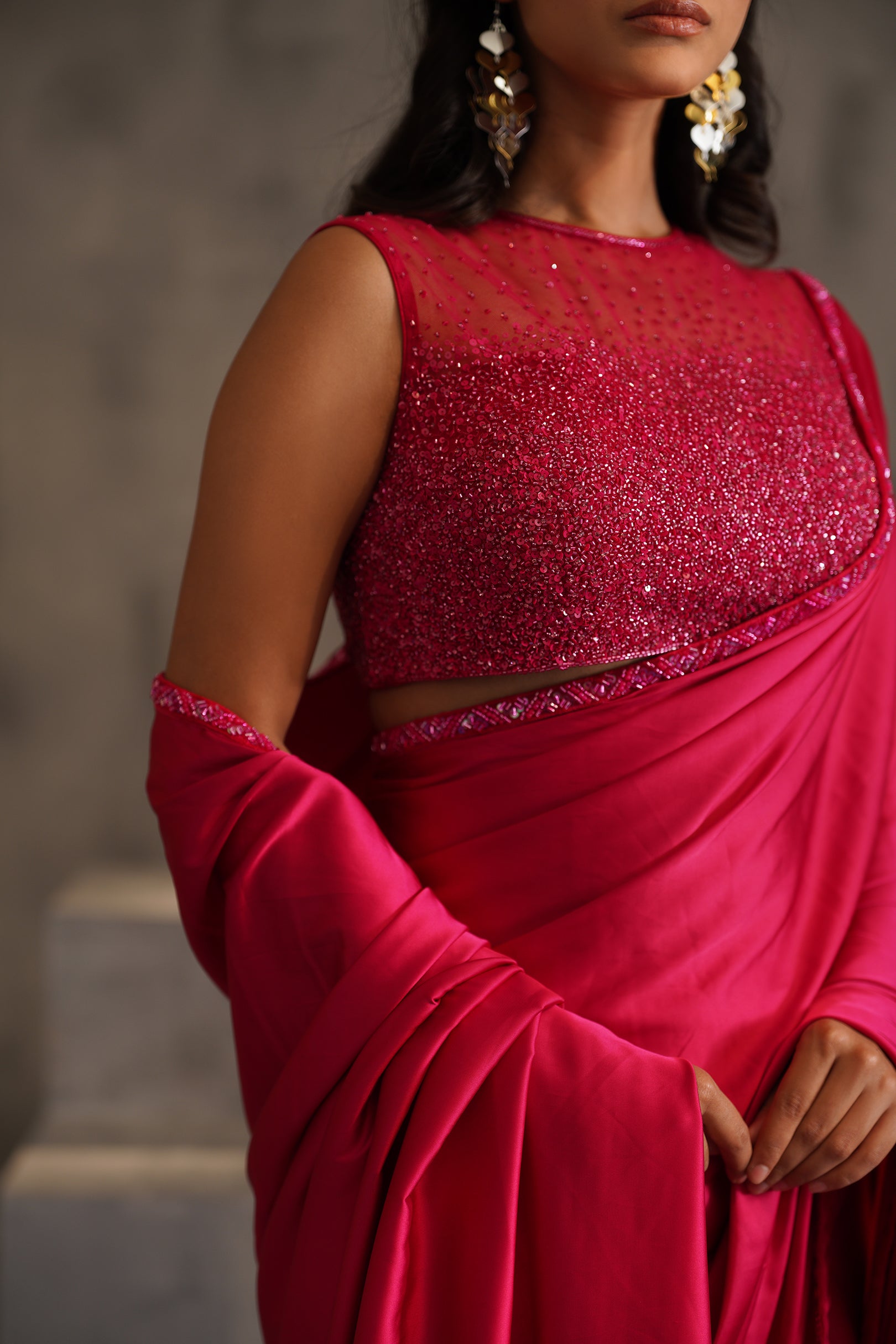 FUCHSIA EMBROIDERED BLOUSE, PRE PLEATED SAREE