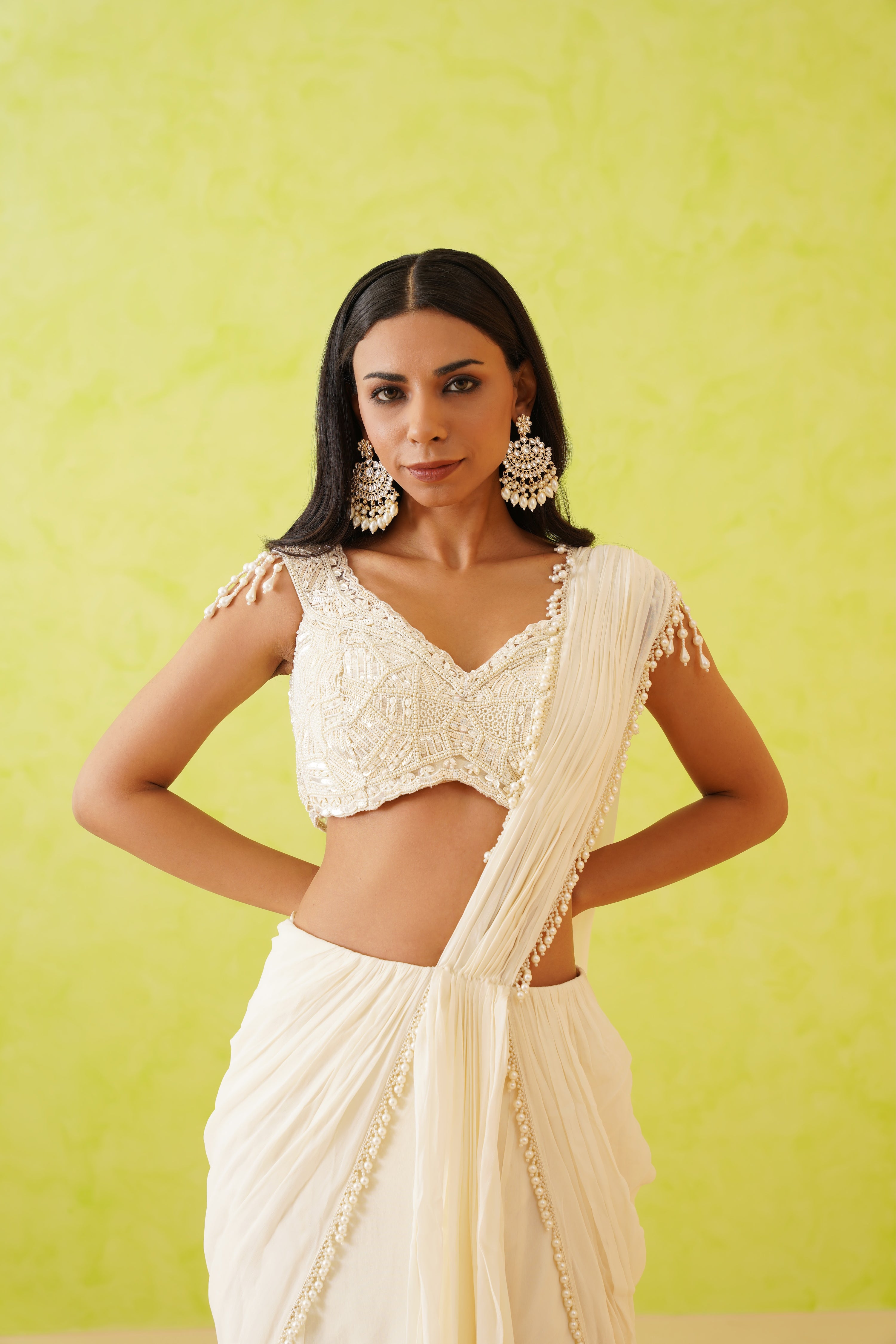 WHITE DRAPE SAREE AND EMBROIDERED BLOUSE SET