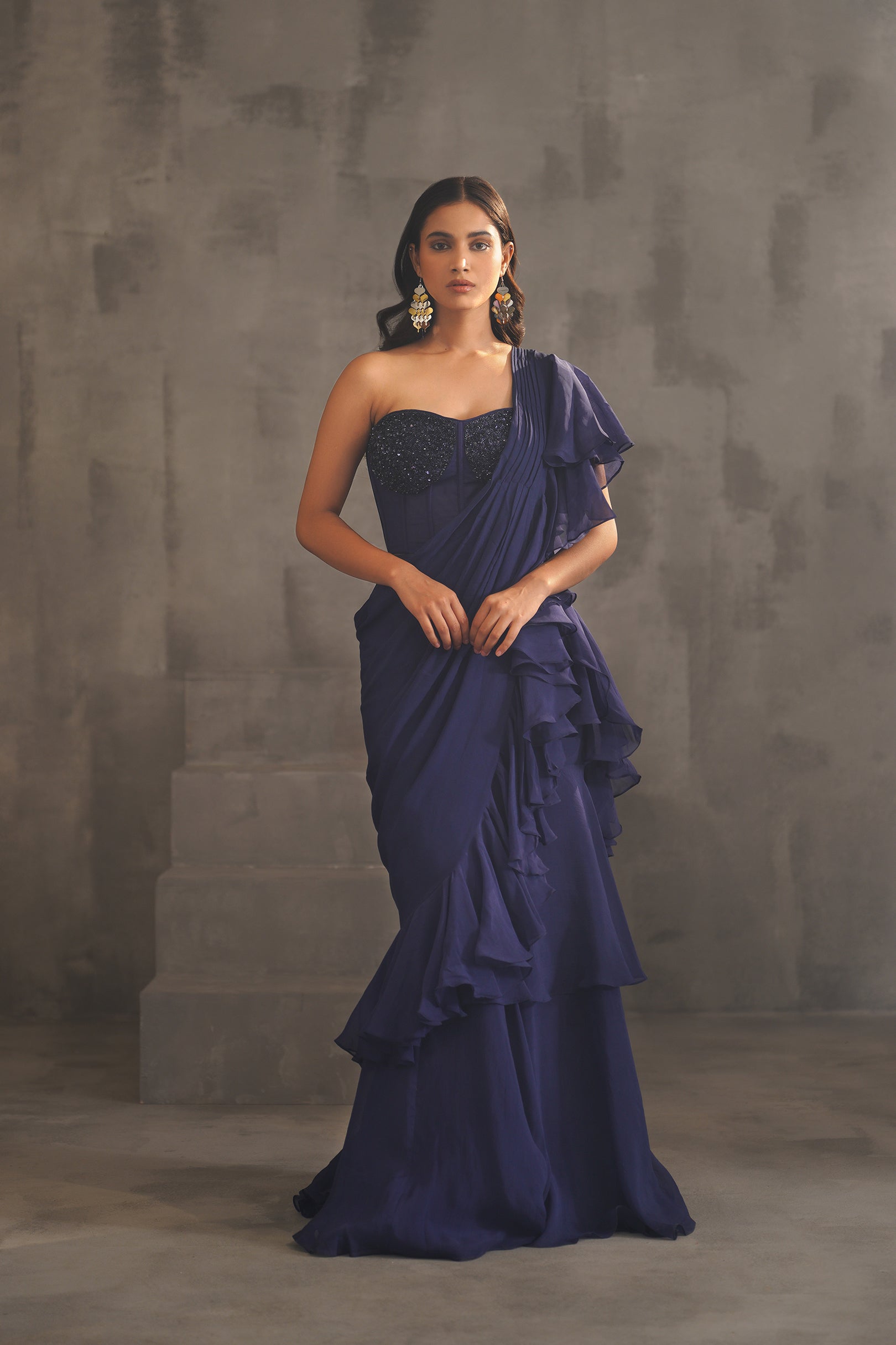 NAVY BLUE EMBROIDERED BUSTIER AND DRAPE SAREE