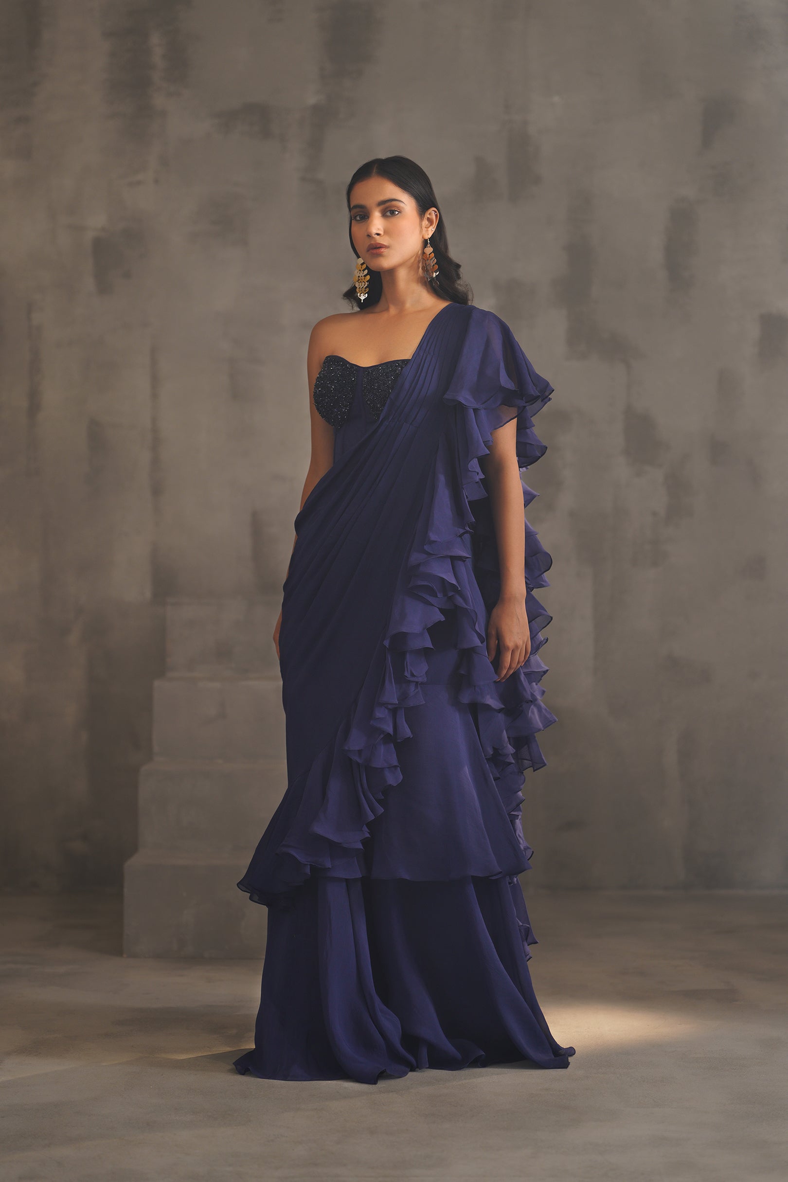 NAVY BLUE EMBROIDERED BUSTIER AND DRAPE SAREE
