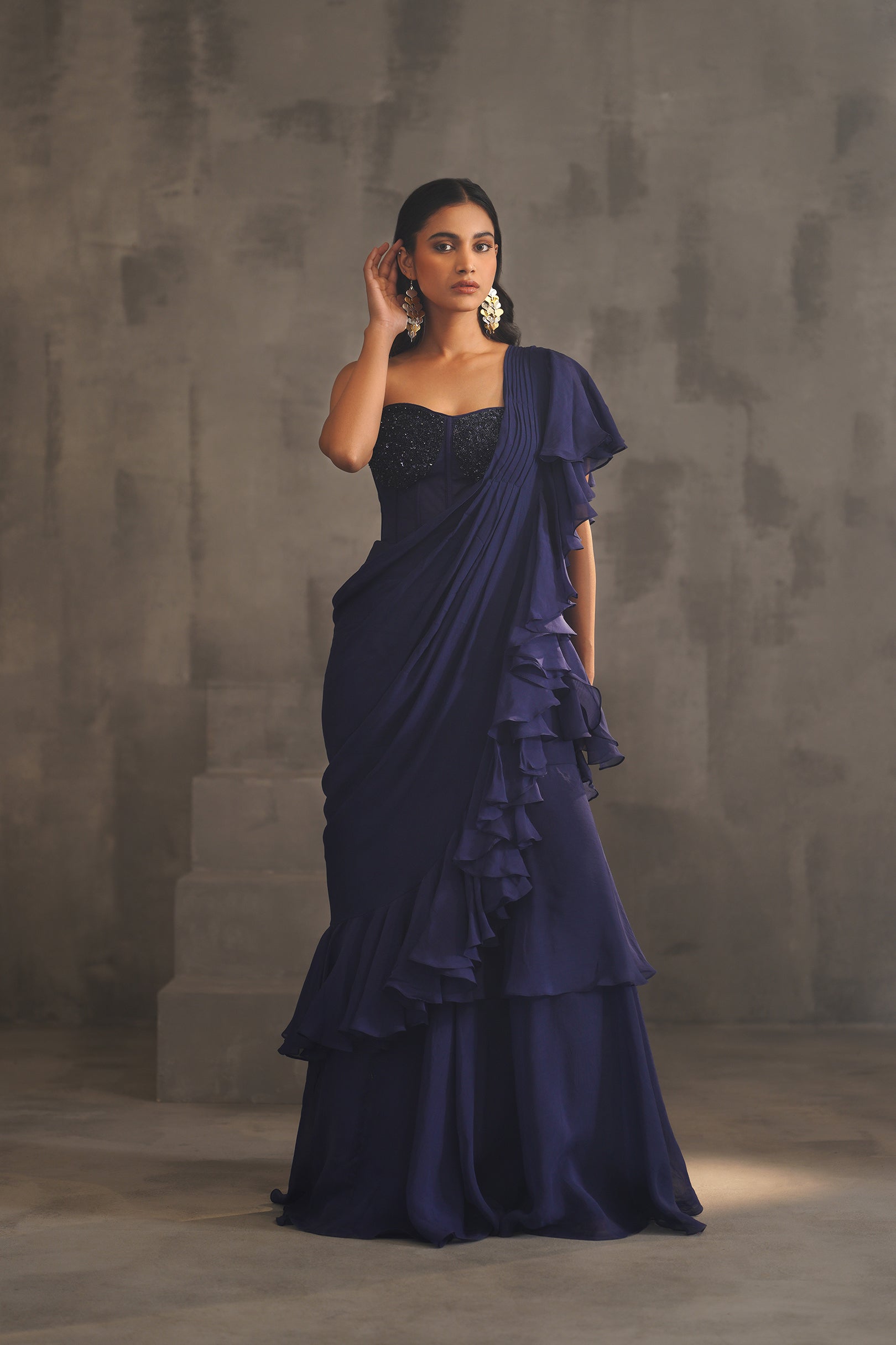 NAVY BLUE EMBROIDERED BUSTIER AND DRAPE SAREE