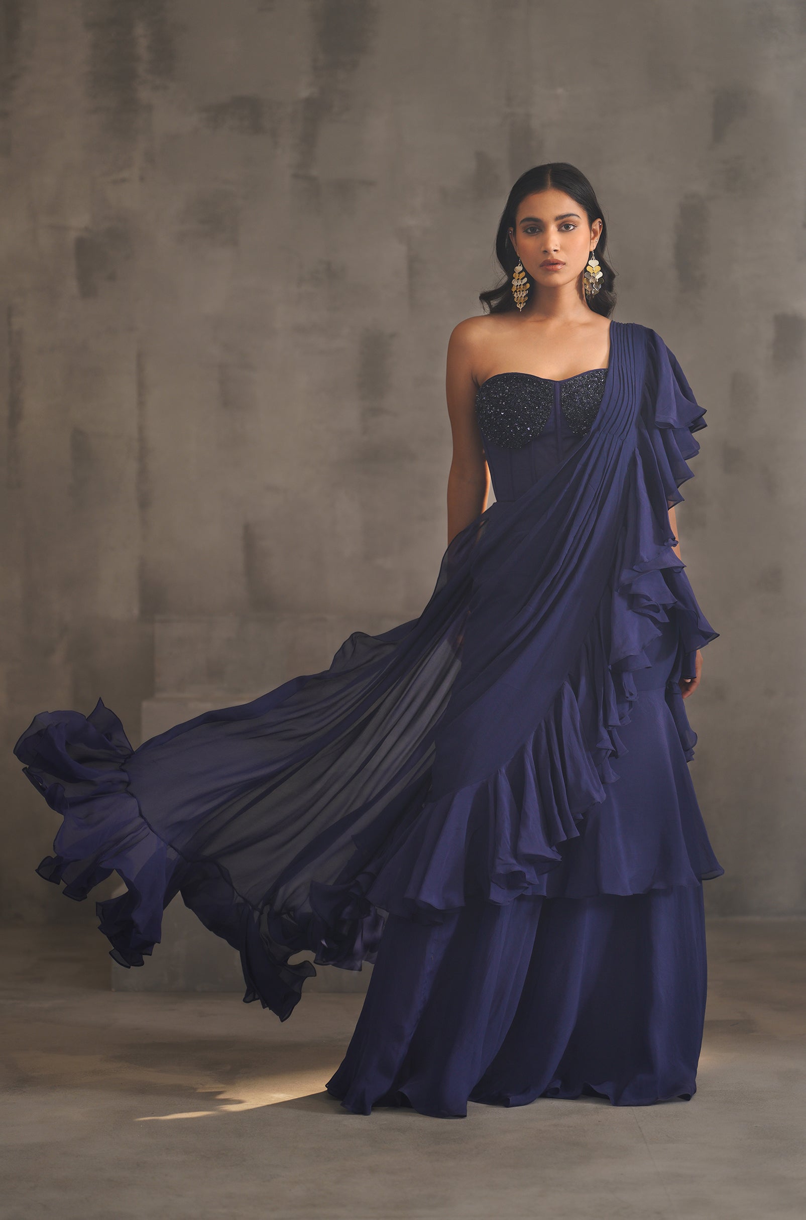 NAVY BLUE EMBROIDERED BUSTIER AND DRAPE SAREE