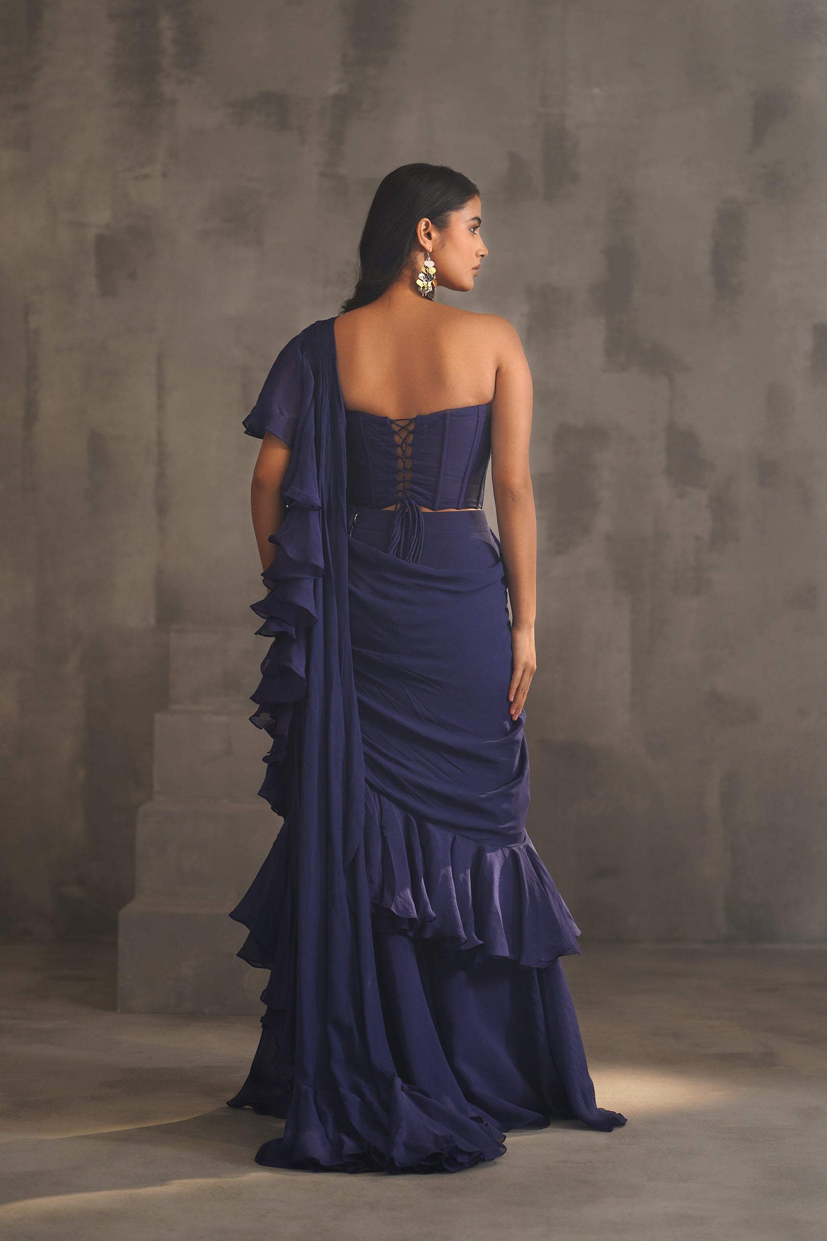 NAVY BLUE EMBROIDERED BUSTIER AND DRAPE SAREE