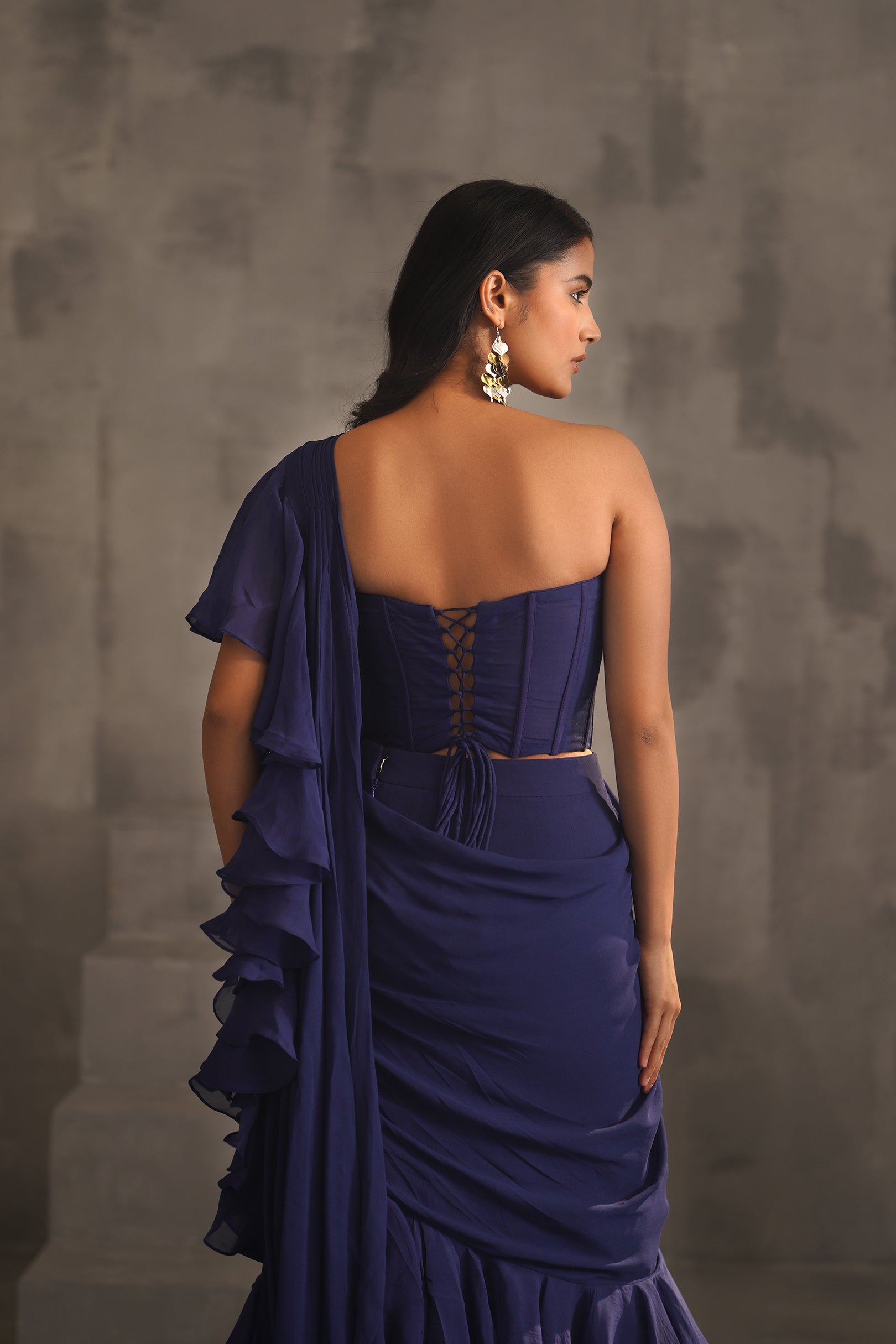 NAVY BLUE EMBROIDERED BUSTIER AND DRAPE SAREE