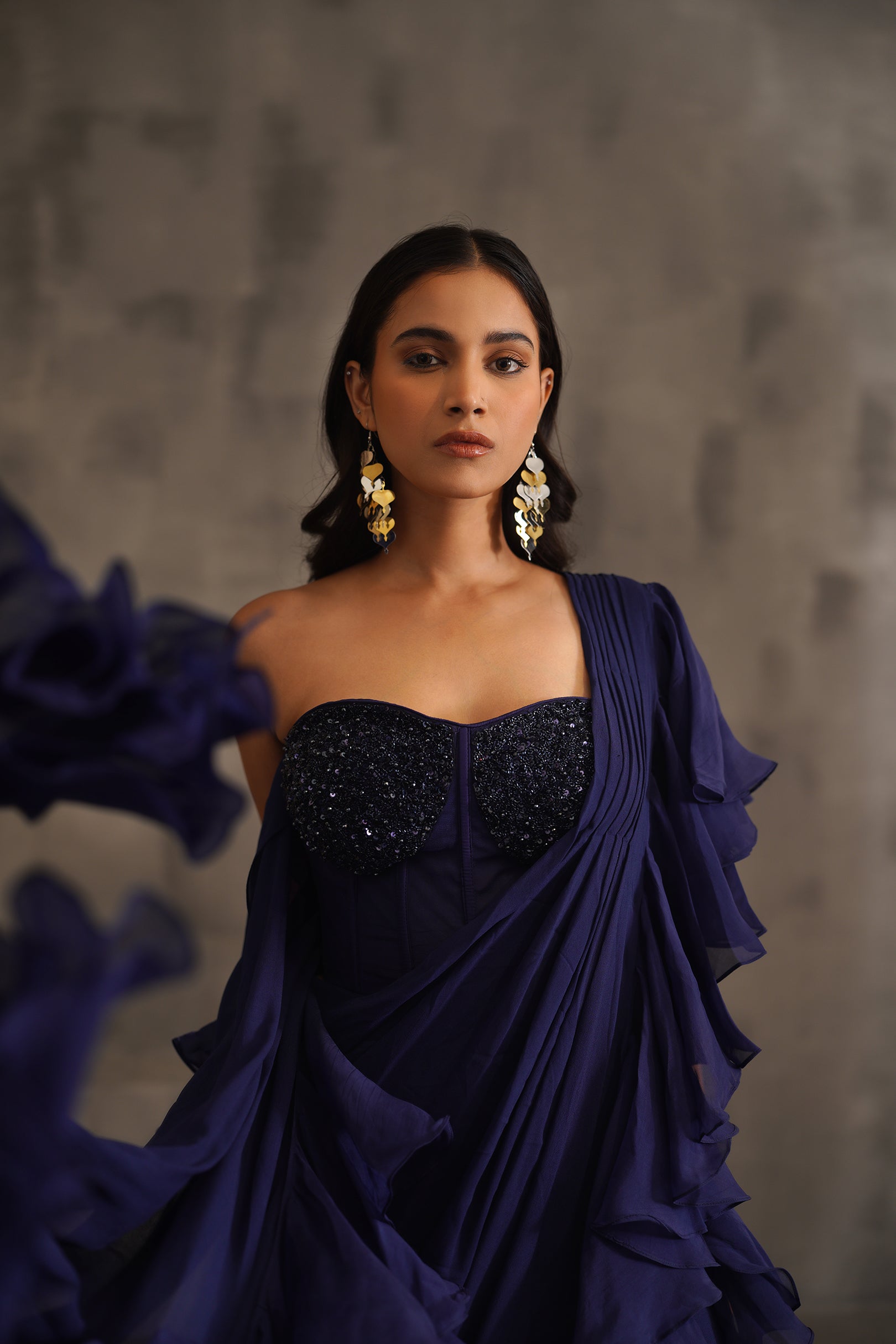 NAVY BLUE EMBROIDERED BUSTIER AND DRAPE SAREE