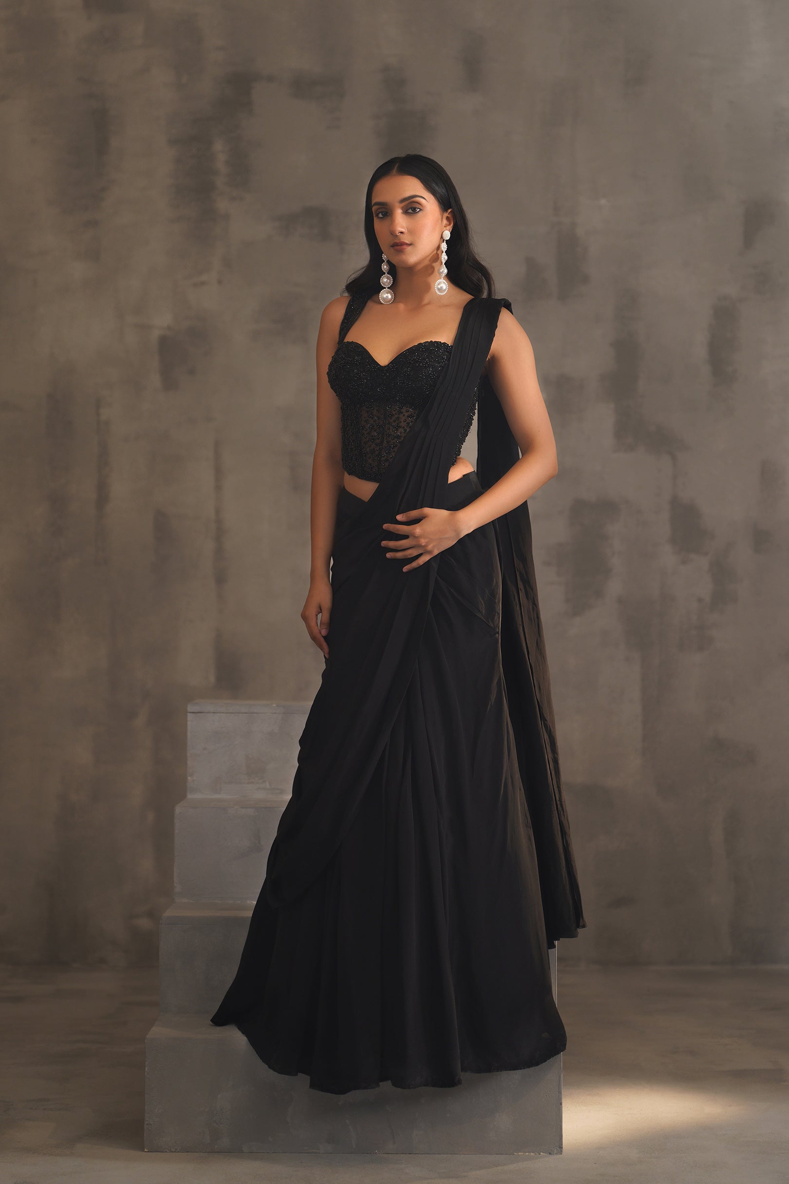 BLACK EMBROIDERED CORSET AND DRAPE SAREE