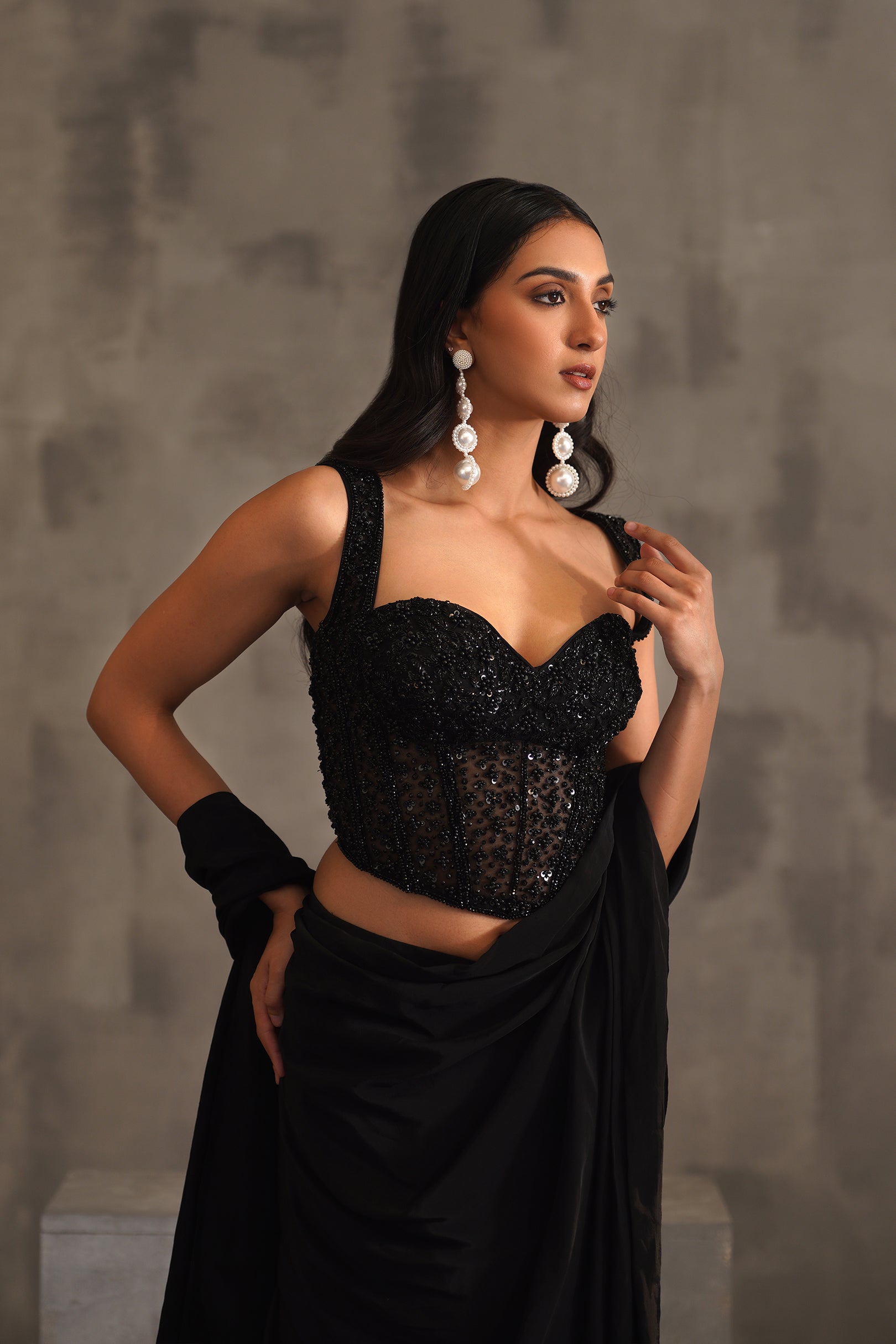 BLACK EMBROIDERED CORSET AND DRAPE SAREE