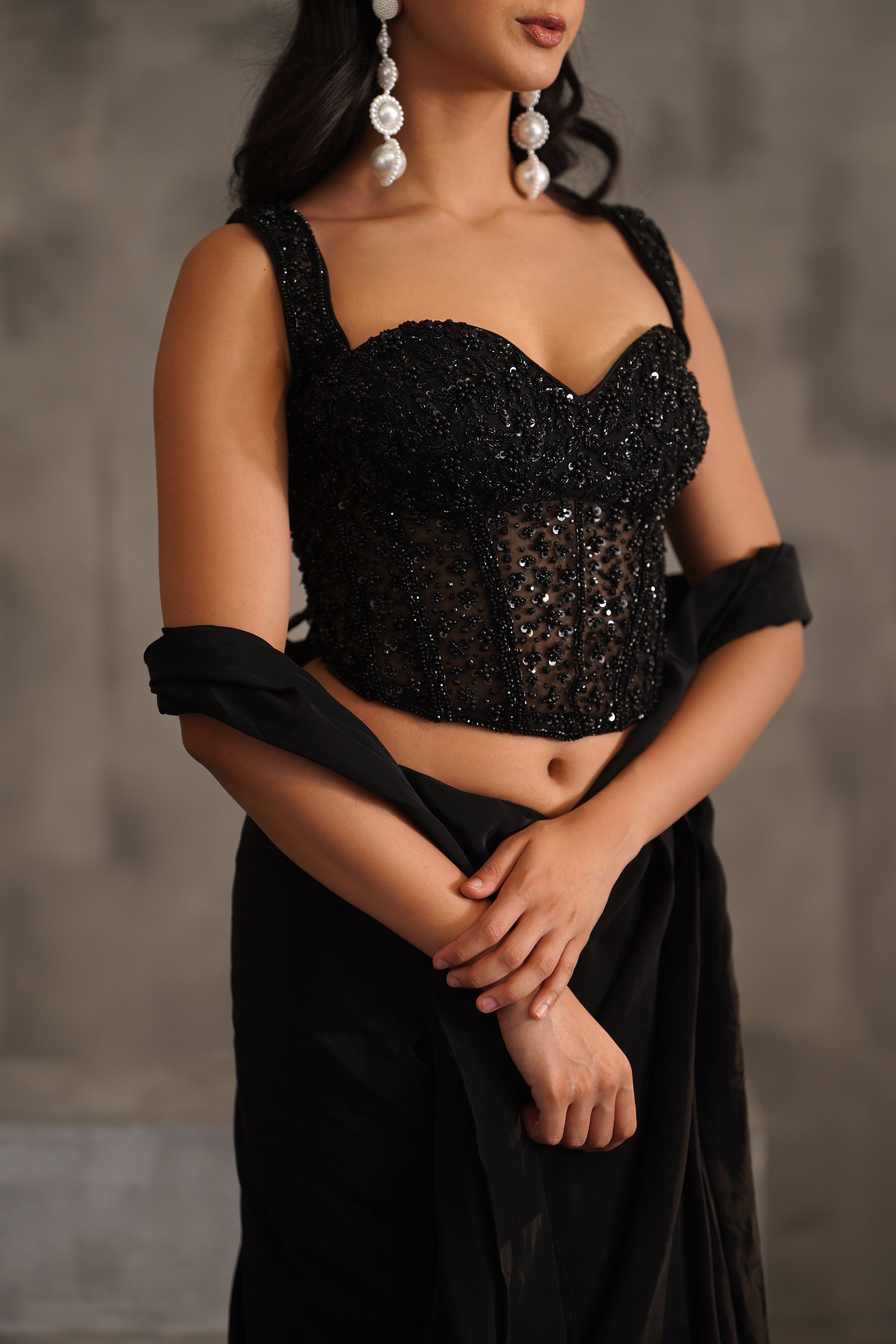 BLACK EMBROIDERED CORSET AND DRAPE SAREE