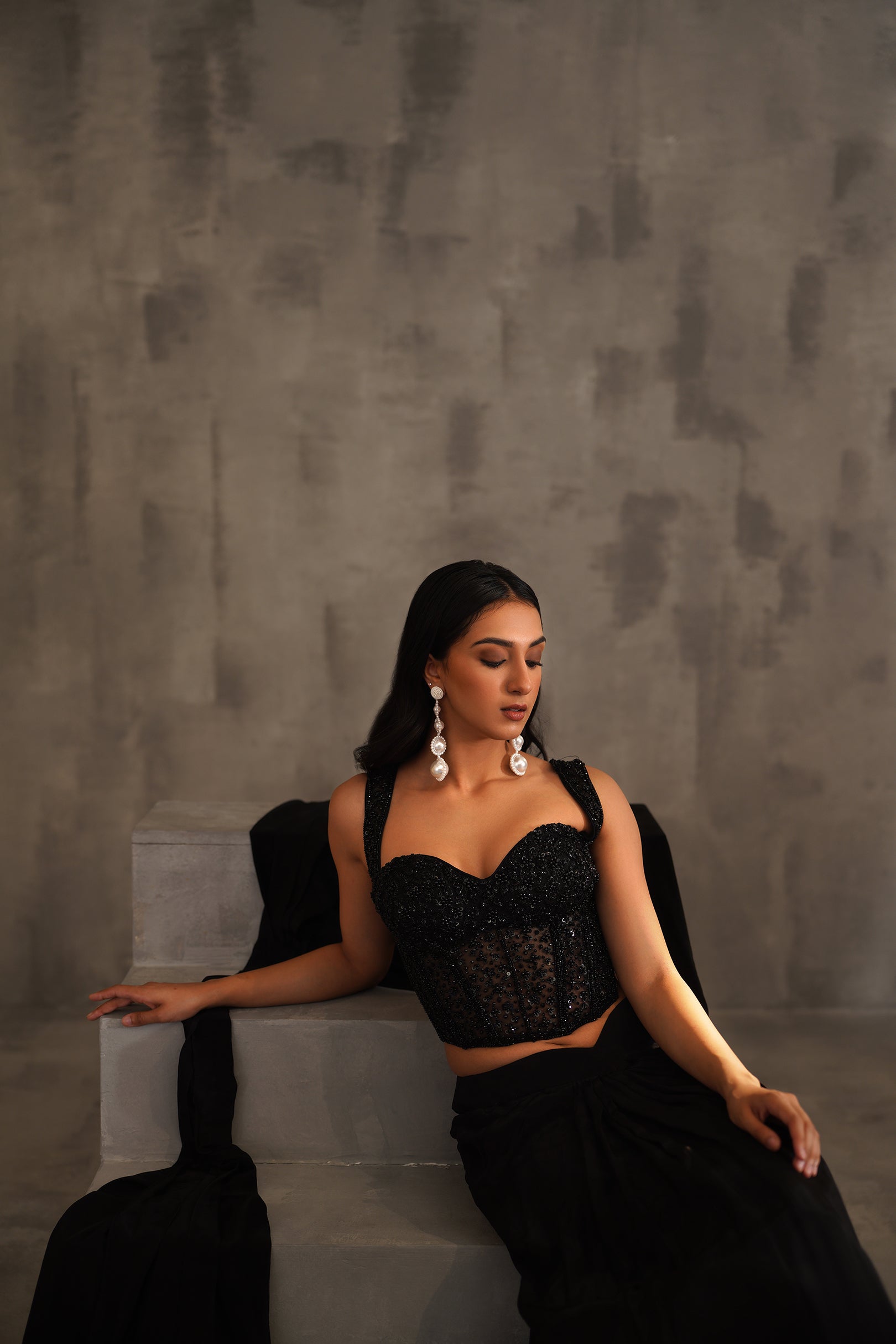 BLACK EMBROIDERED CORSET AND DRAPE SAREE