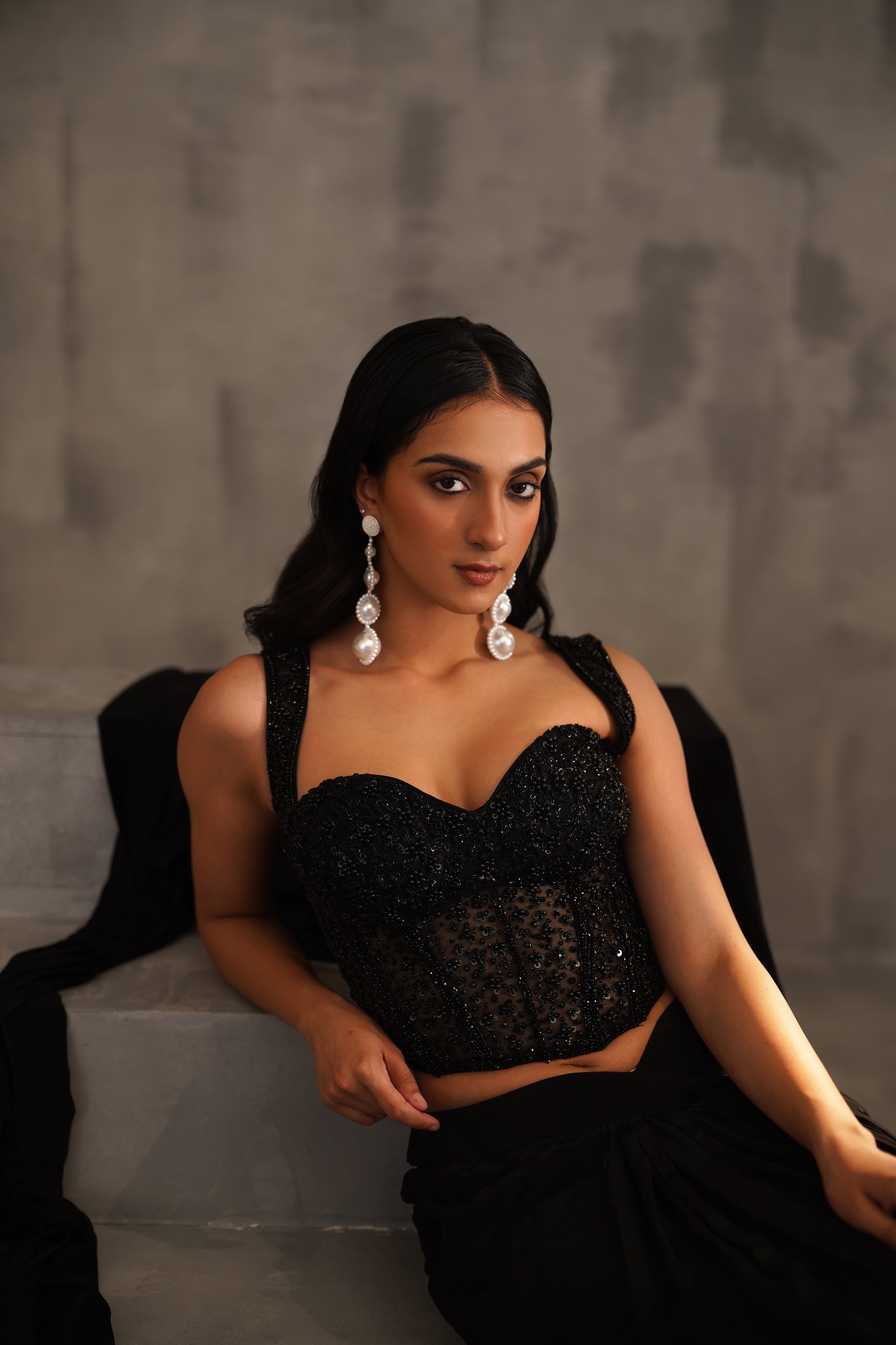 BLACK EMBROIDERED CORSET AND DRAPE SAREE
