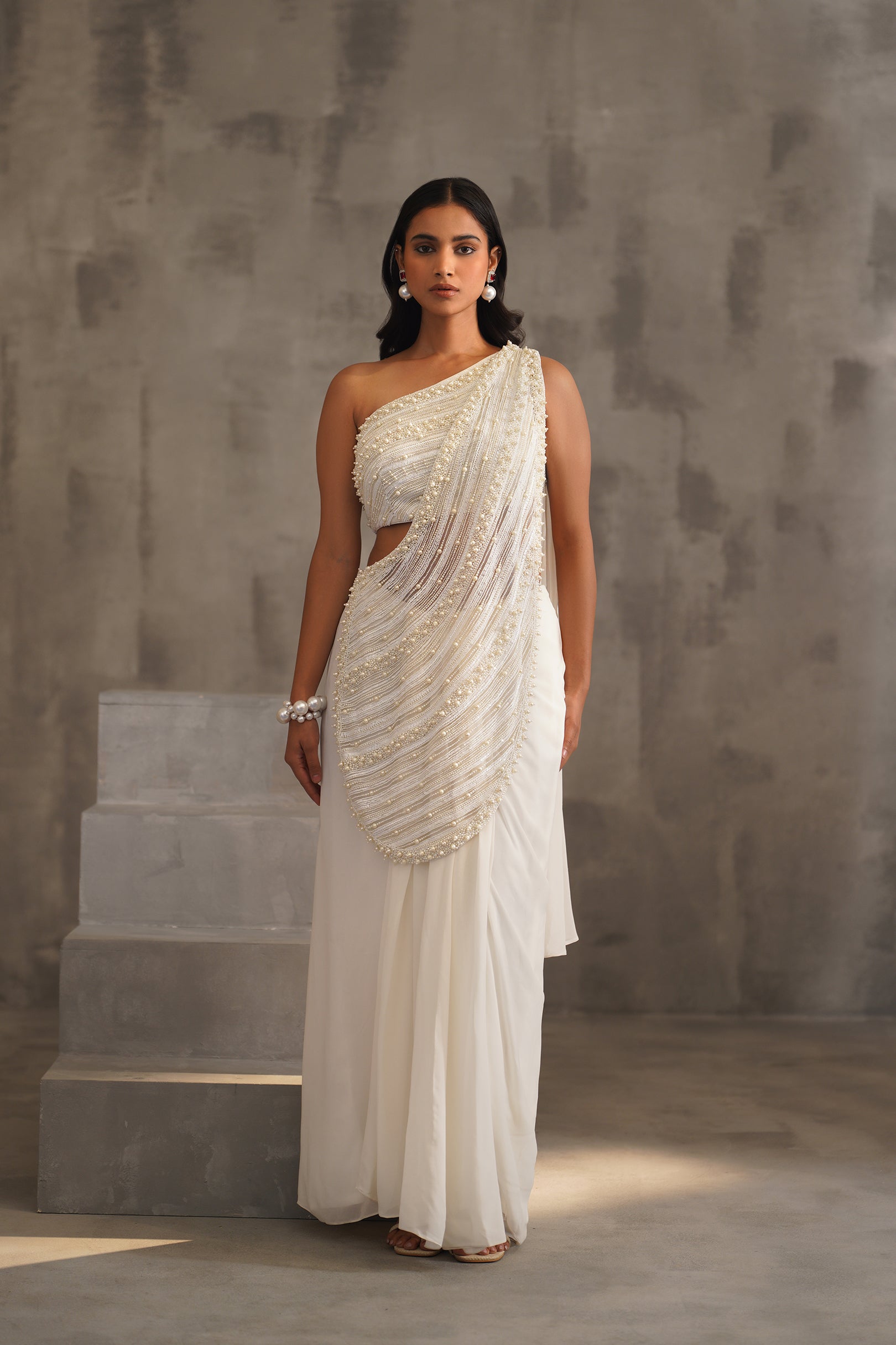 OFF WHITE EMBROIDERED BOUSE, DRAPE SAREE