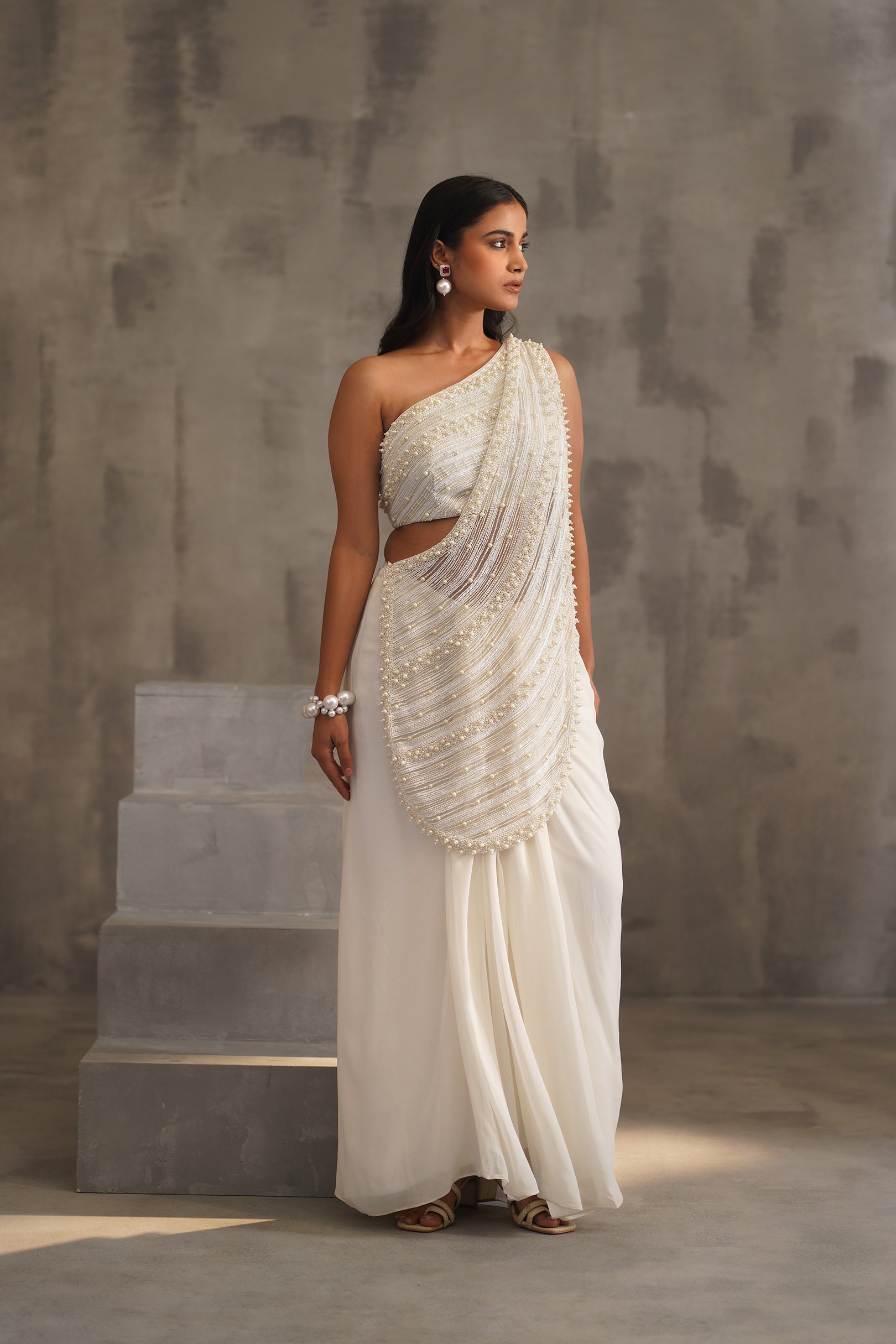 OFF WHITE EMBROIDERED BOUSE, DRAPE SAREE