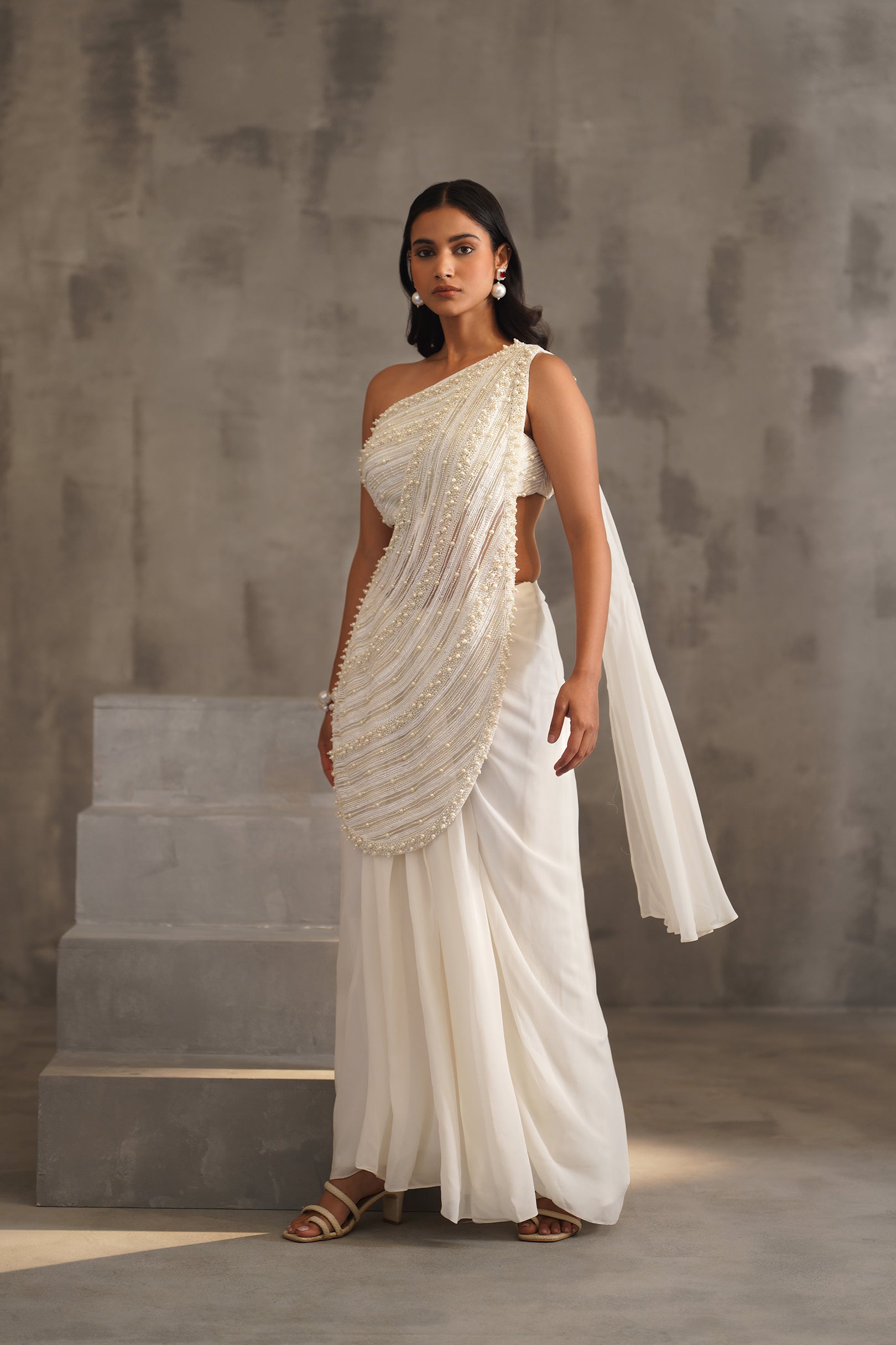 OFF WHITE EMBROIDERED BOUSE, DRAPE SAREE