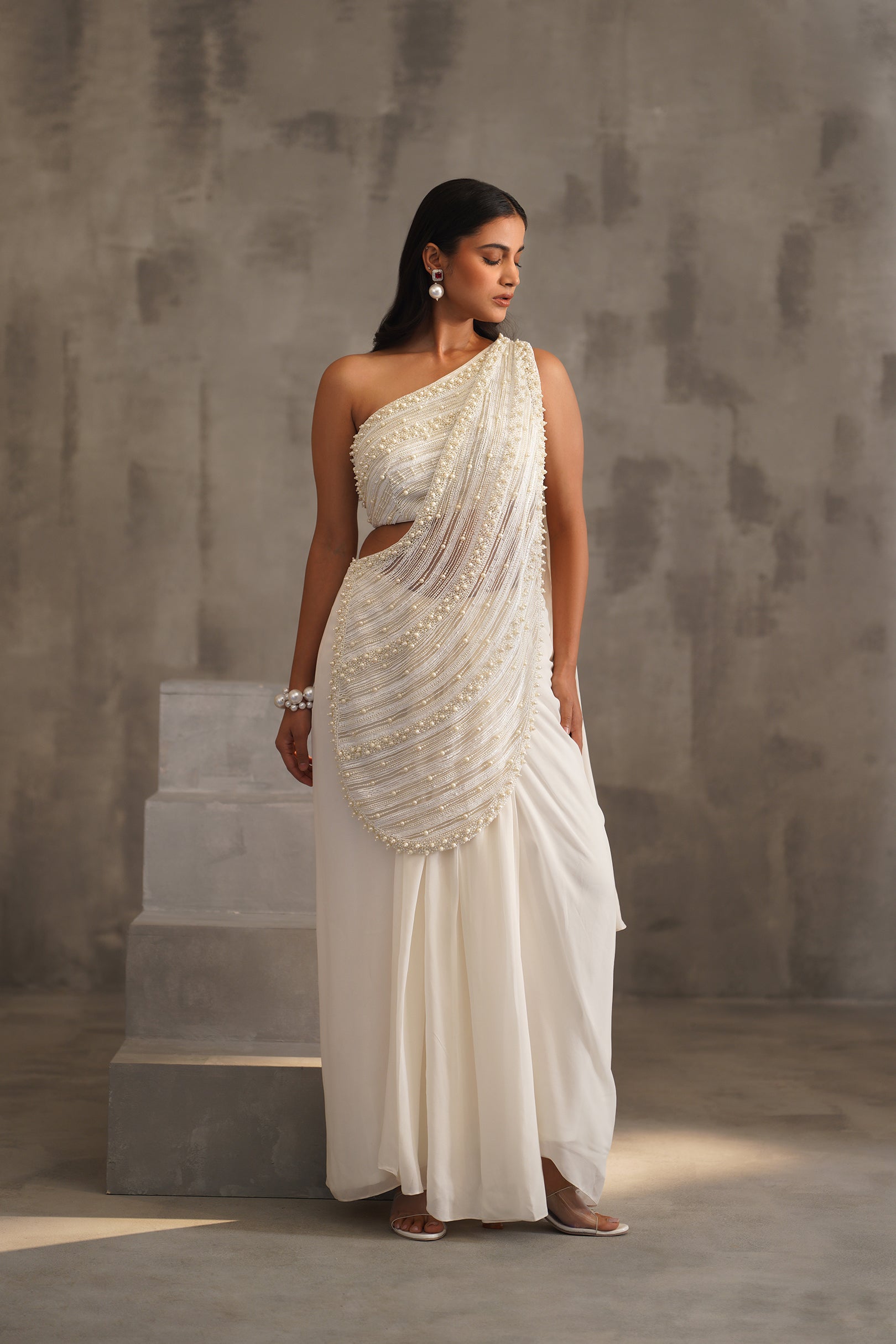 OFF WHITE EMBROIDERED BOUSE, DRAPE SAREE