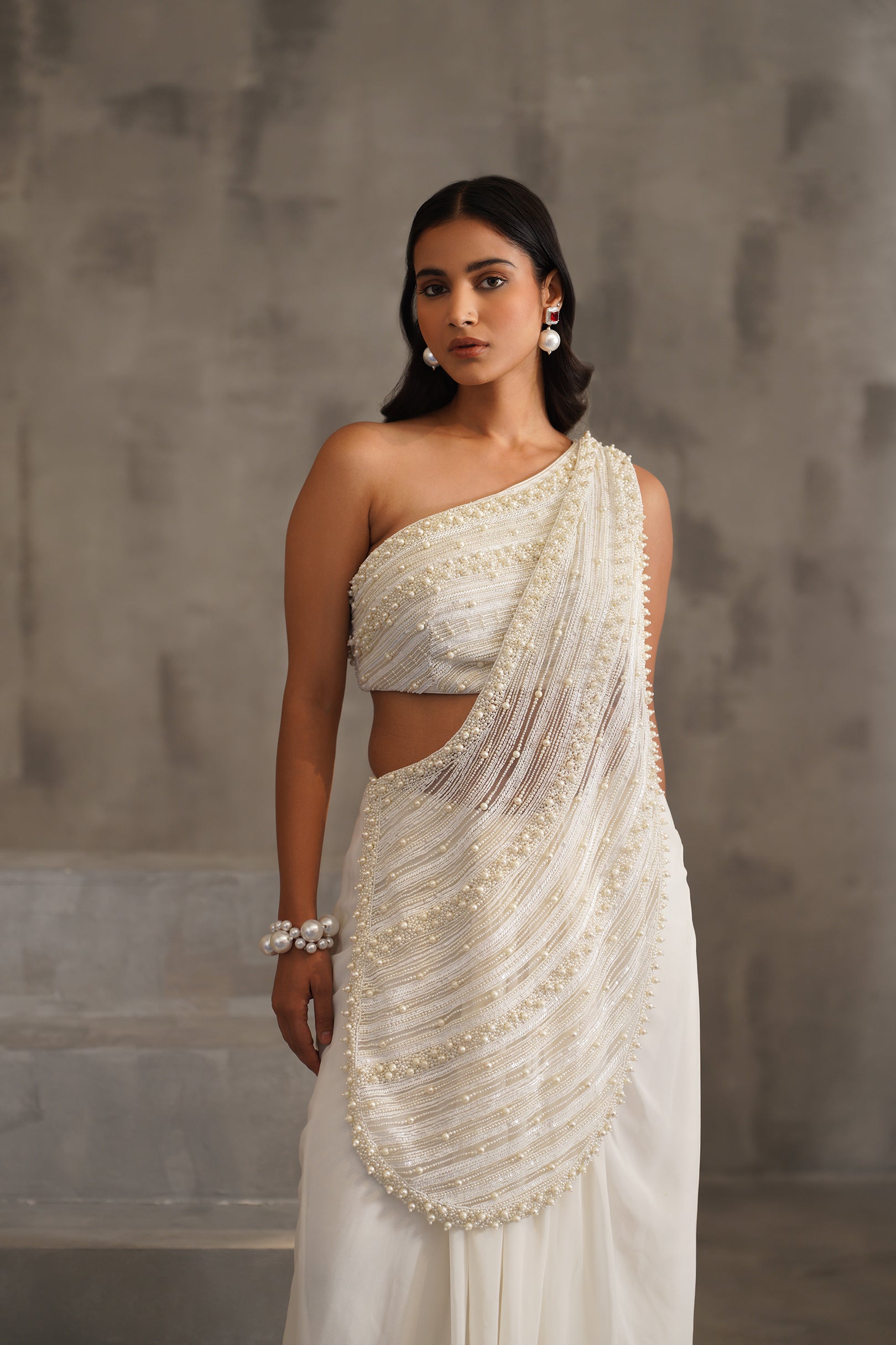 OFF WHITE EMBROIDERED BOUSE, DRAPE SAREE