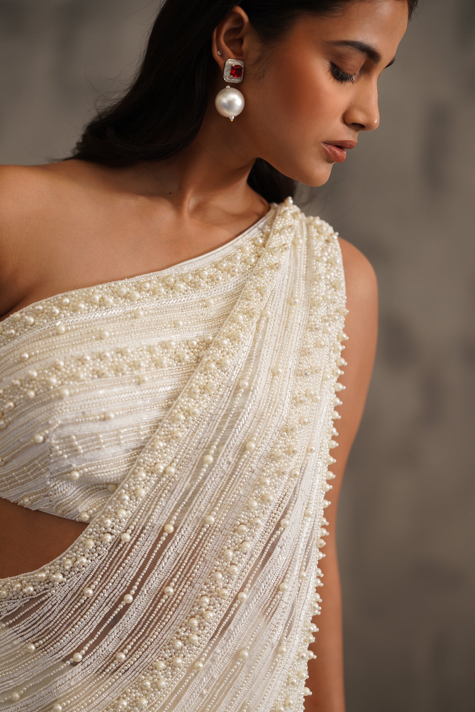 OFF WHITE EMBROIDERED BOUSE, DRAPE SAREE