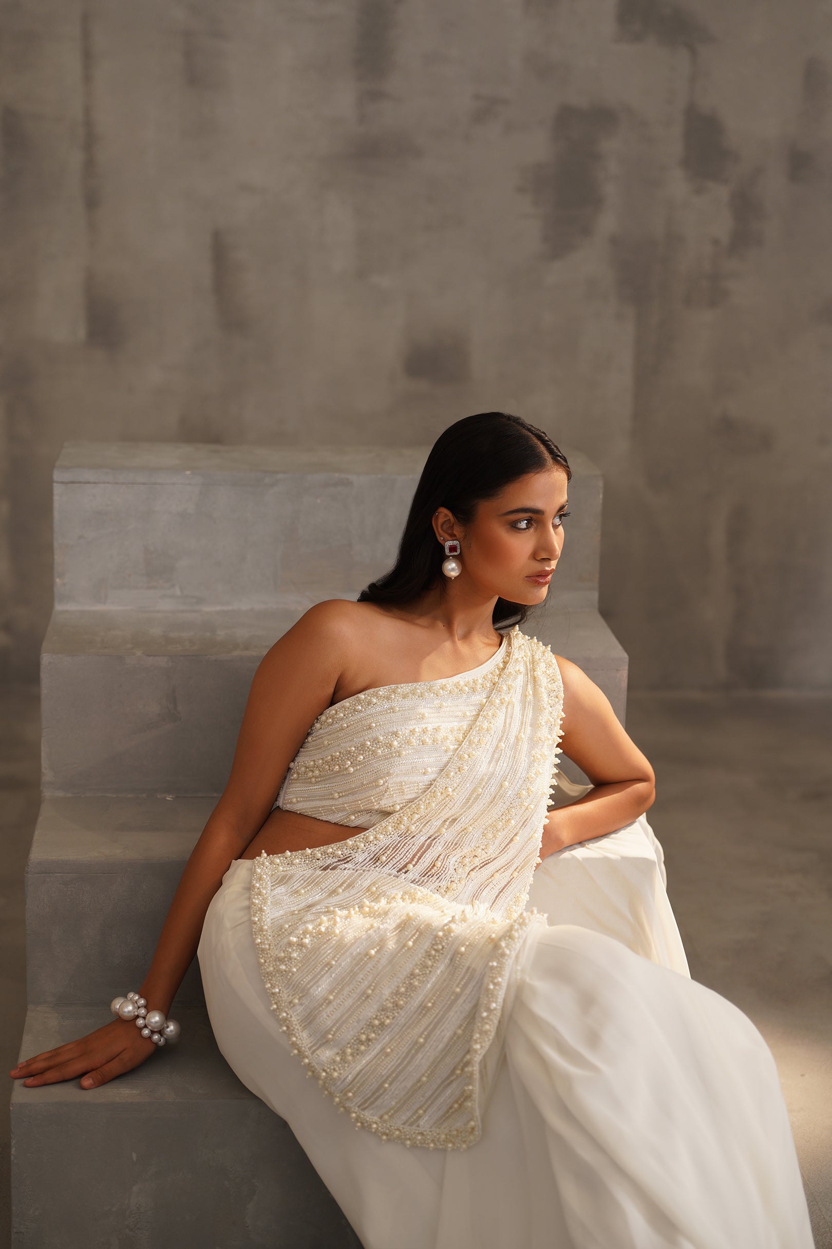 OFF WHITE EMBROIDERED BOUSE, DRAPE SAREE