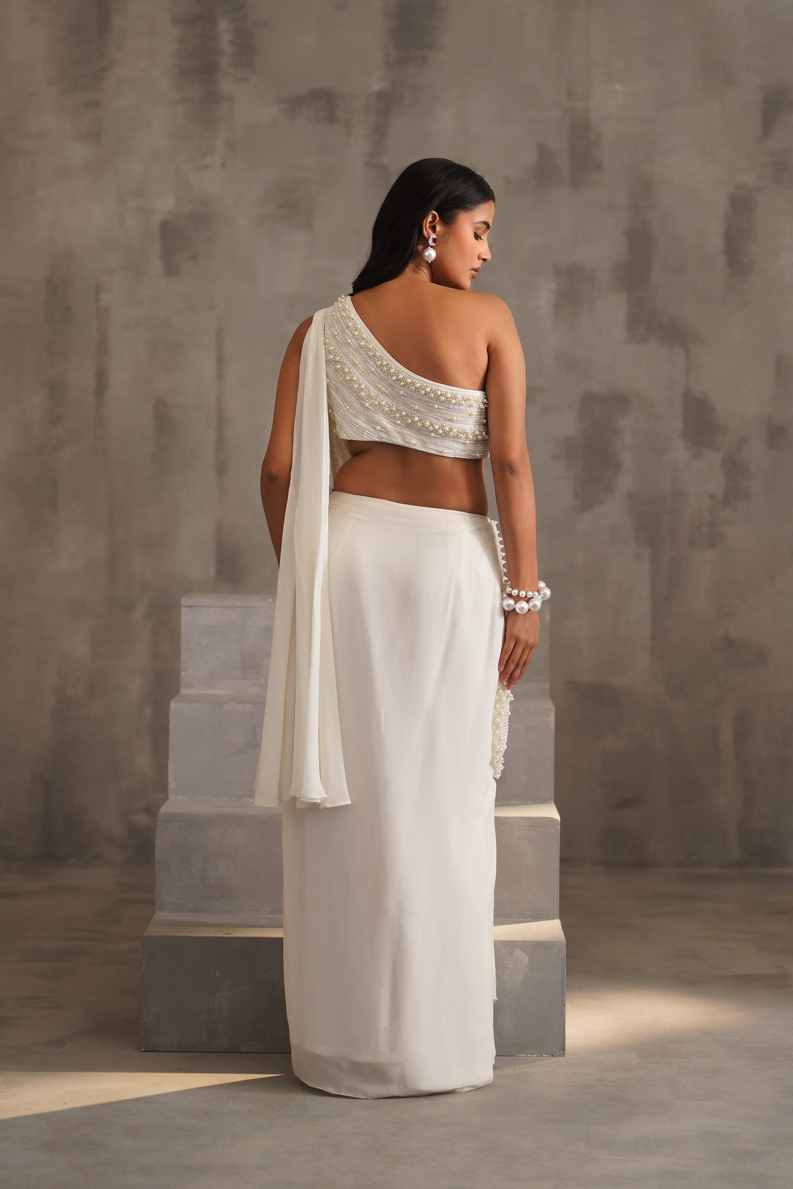 OFF WHITE EMBROIDERED BOUSE, DRAPE SAREE