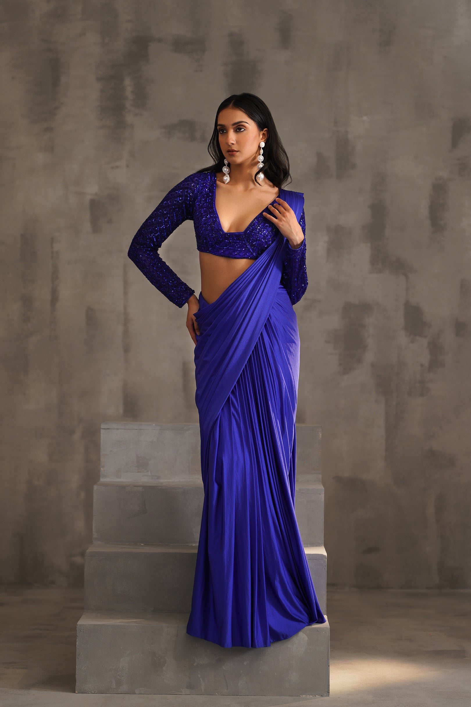 ROYAL BLUE EMBROIDERED BLOUSE AND DRAPE LYCRA SAREE