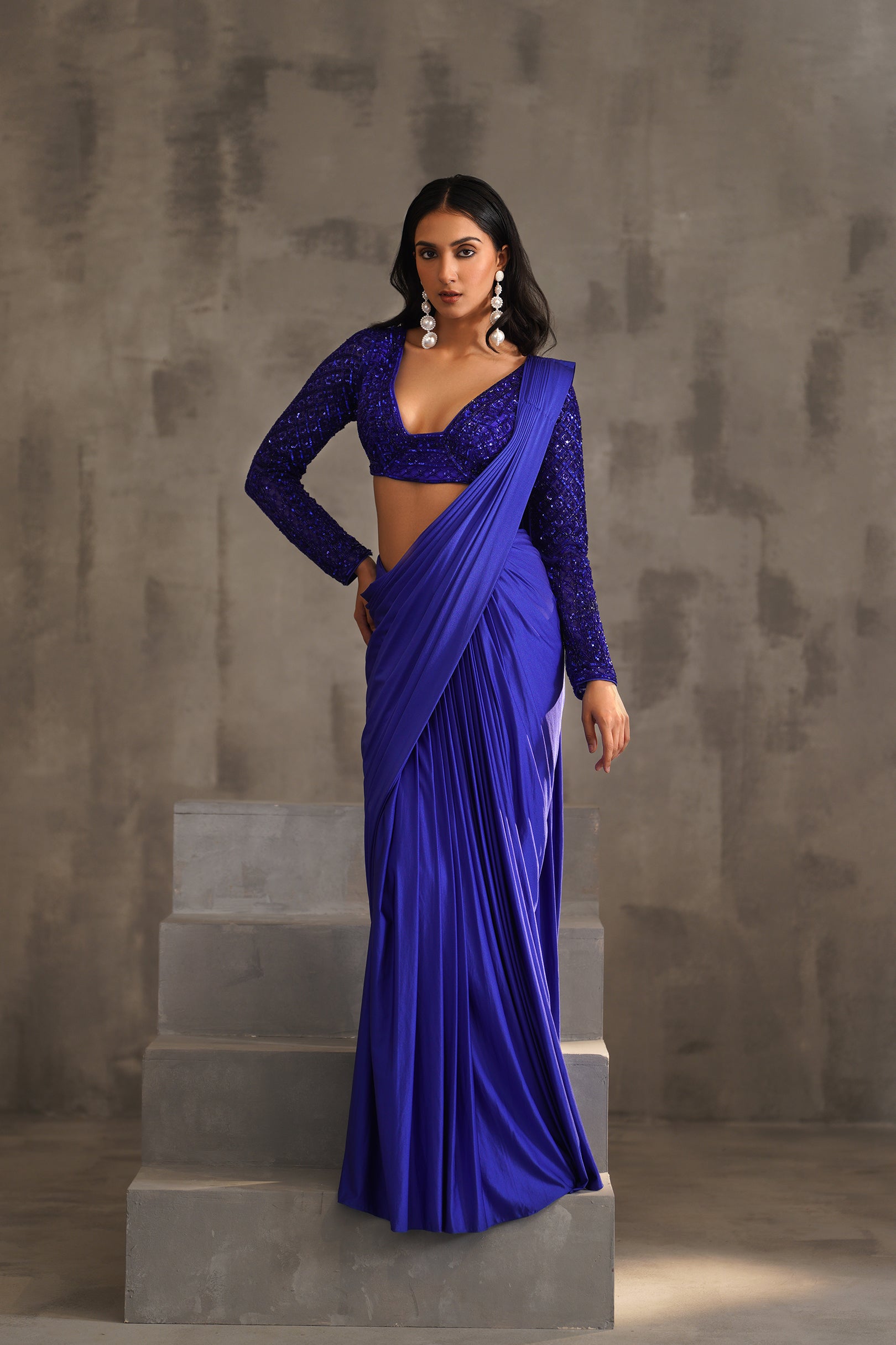 ROYAL BLUE EMBROIDERED BLOUSE AND DRAPE LYCRA SAREE