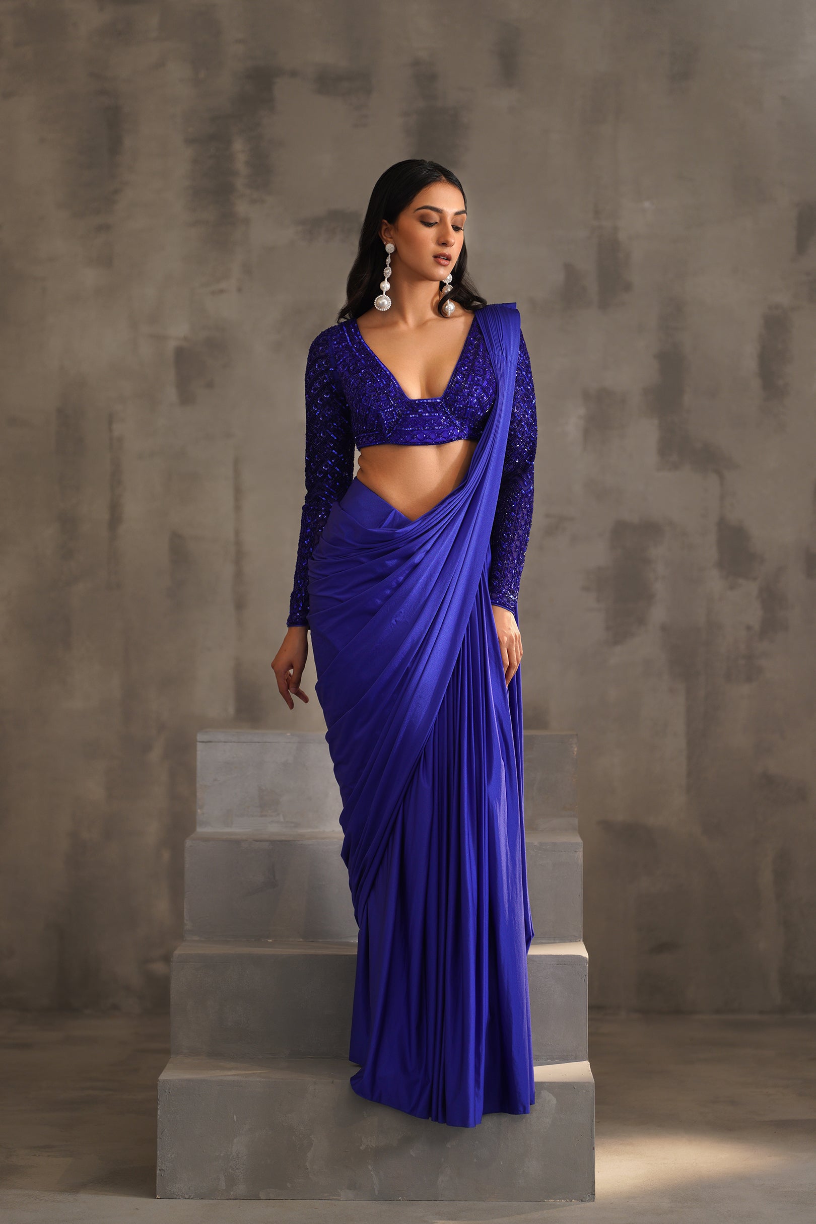 ROYAL BLUE EMBROIDERED BLOUSE AND DRAPE LYCRA SAREE