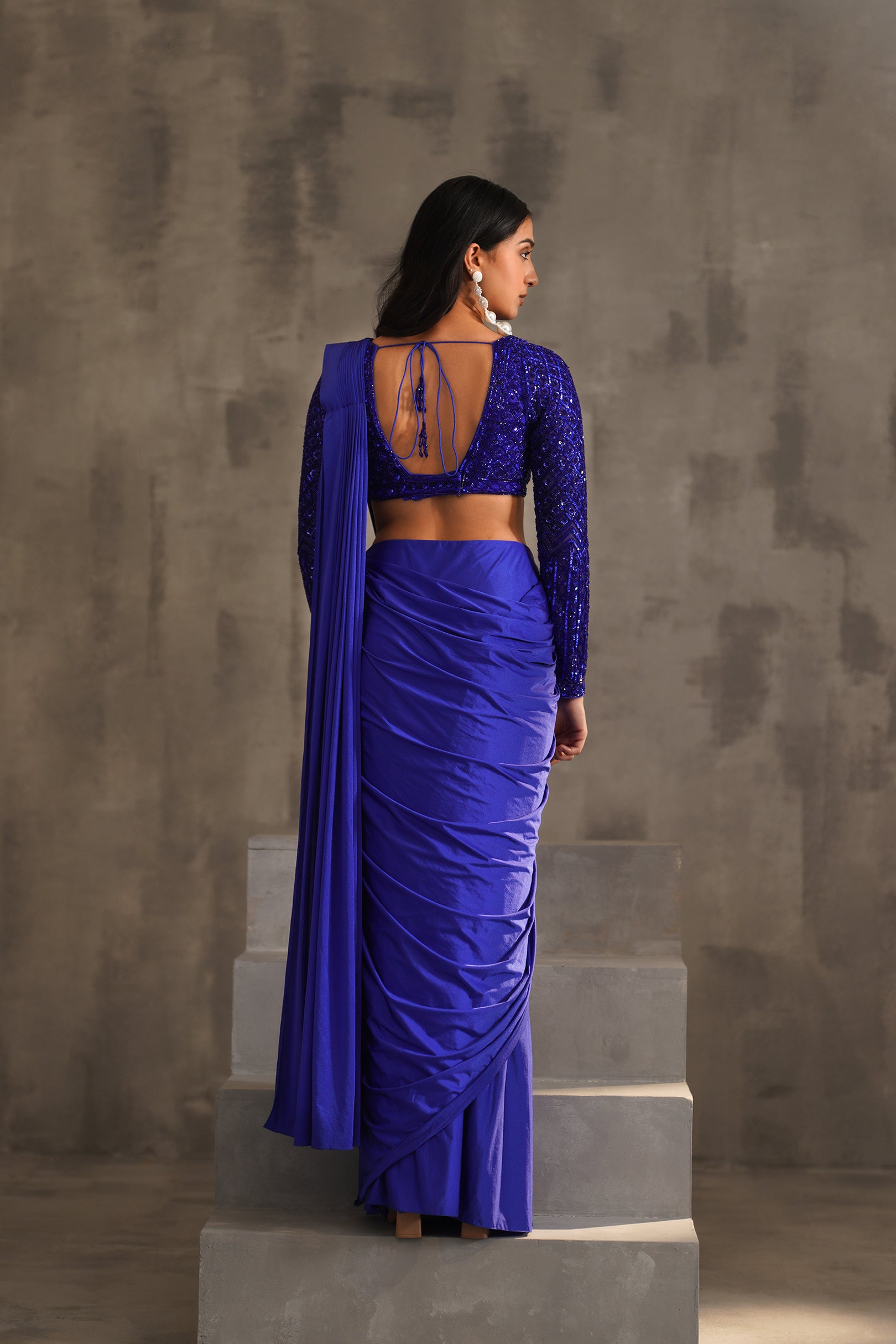 ROYAL BLUE EMBROIDERED BLOUSE AND DRAPE LYCRA SAREE
