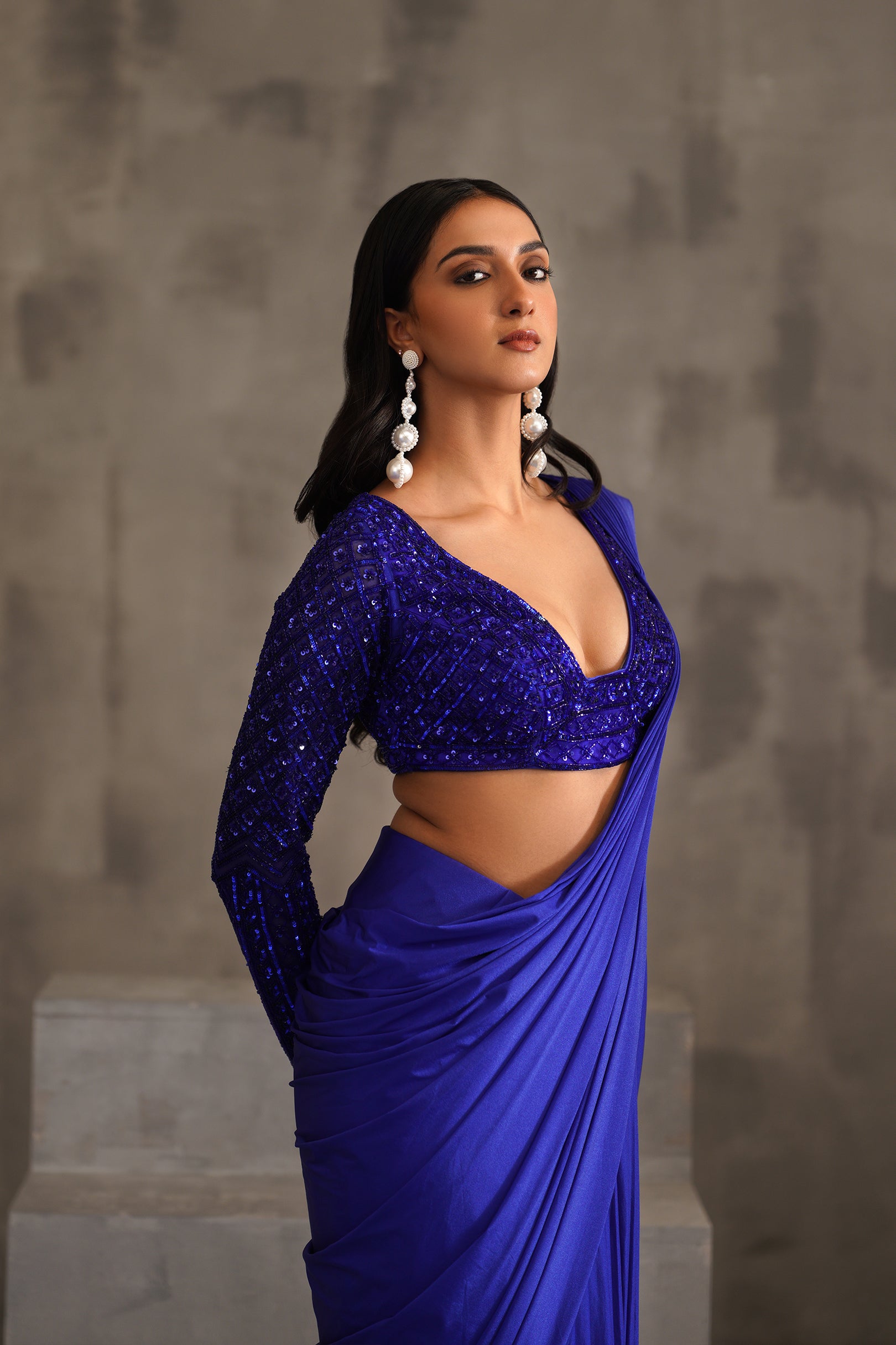 ROYAL BLUE EMBROIDERED BLOUSE AND DRAPE LYCRA SAREE