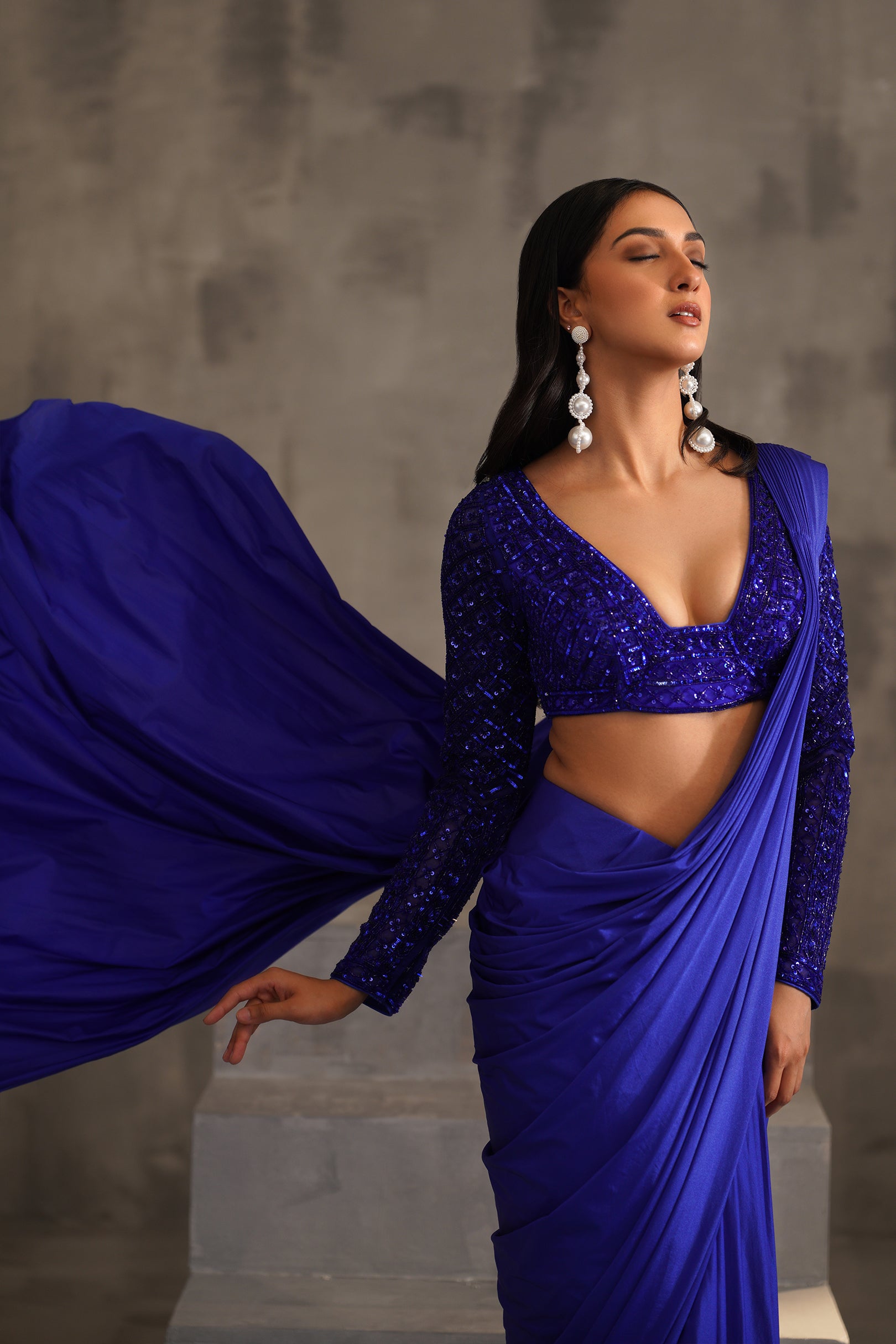 ROYAL BLUE EMBROIDERED BLOUSE AND DRAPE LYCRA SAREE