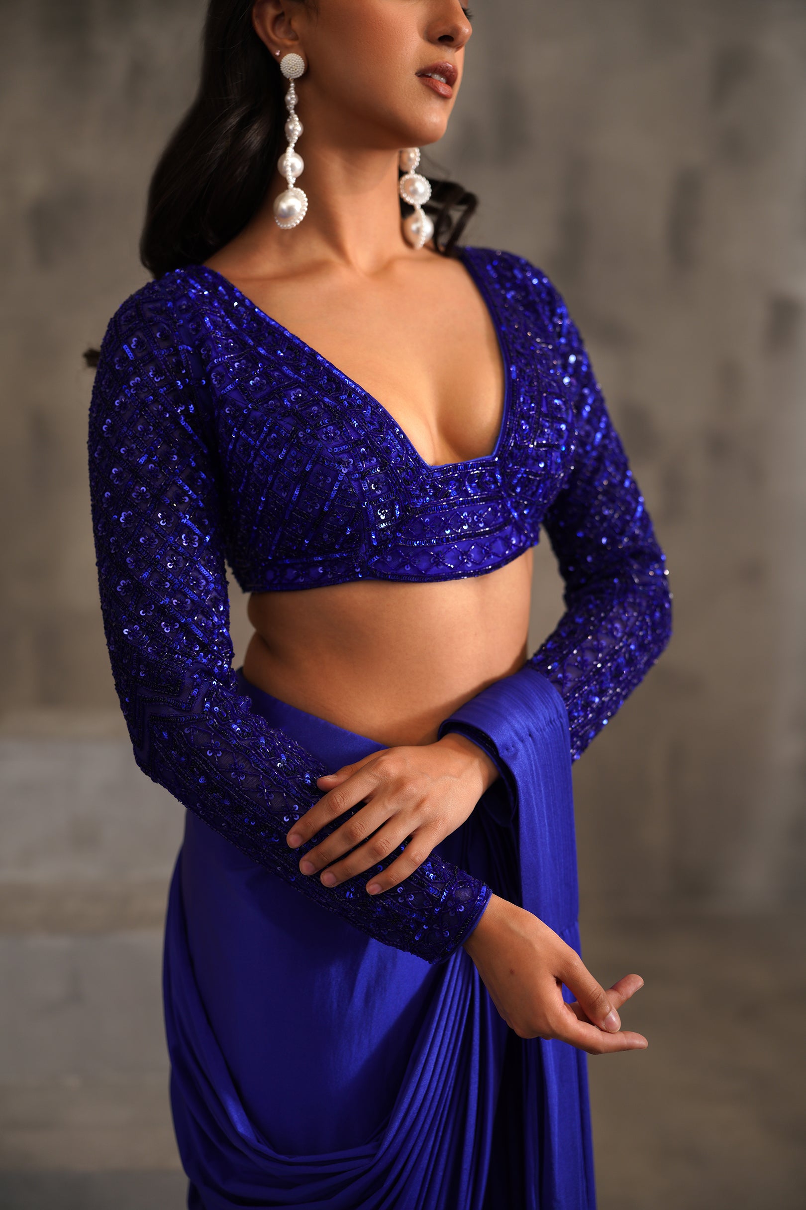 ROYAL BLUE EMBROIDERED BLOUSE AND DRAPE LYCRA SAREE