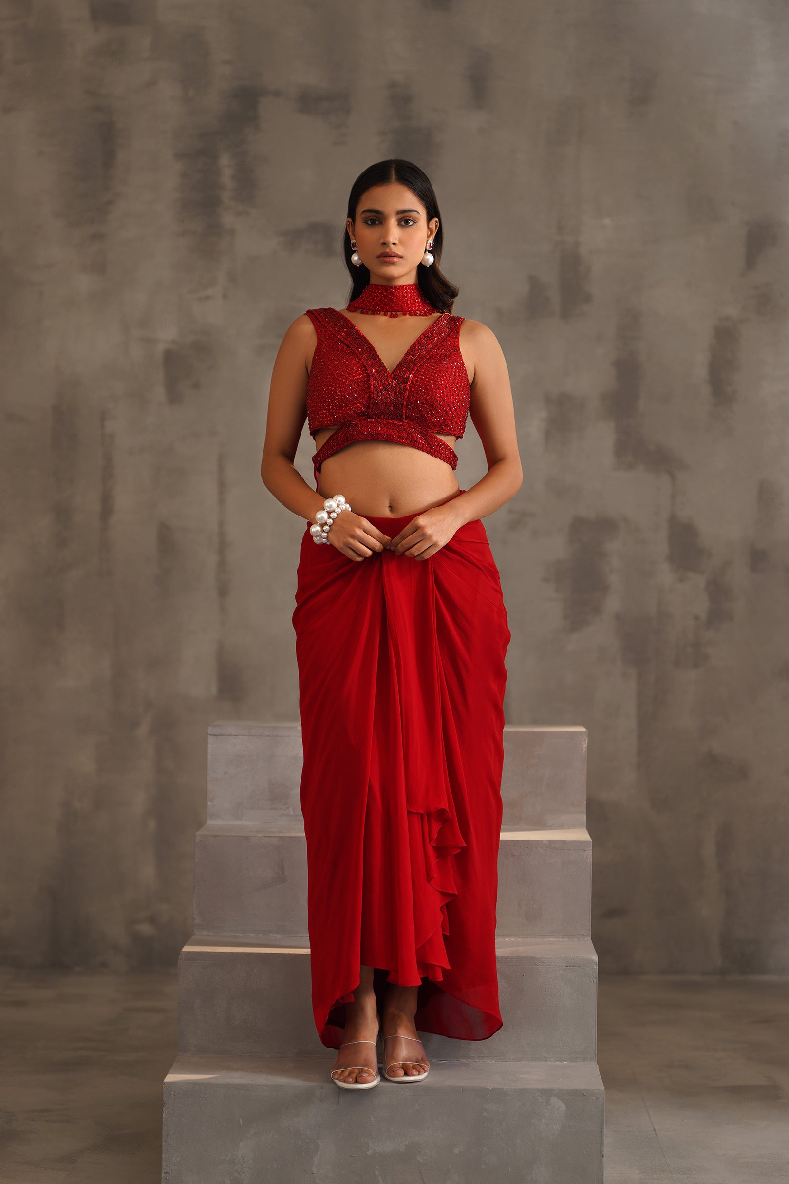 RED EMBROIDERED BLOUSE AND DHOTI SKIRT, CHOKER DUPATTA