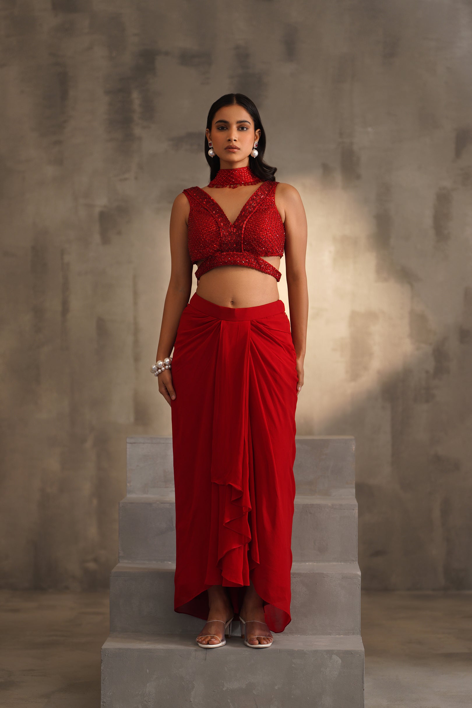 RED EMBROIDERED BLOUSE AND DHOTI SKIRT, CHOKER DUPATTA