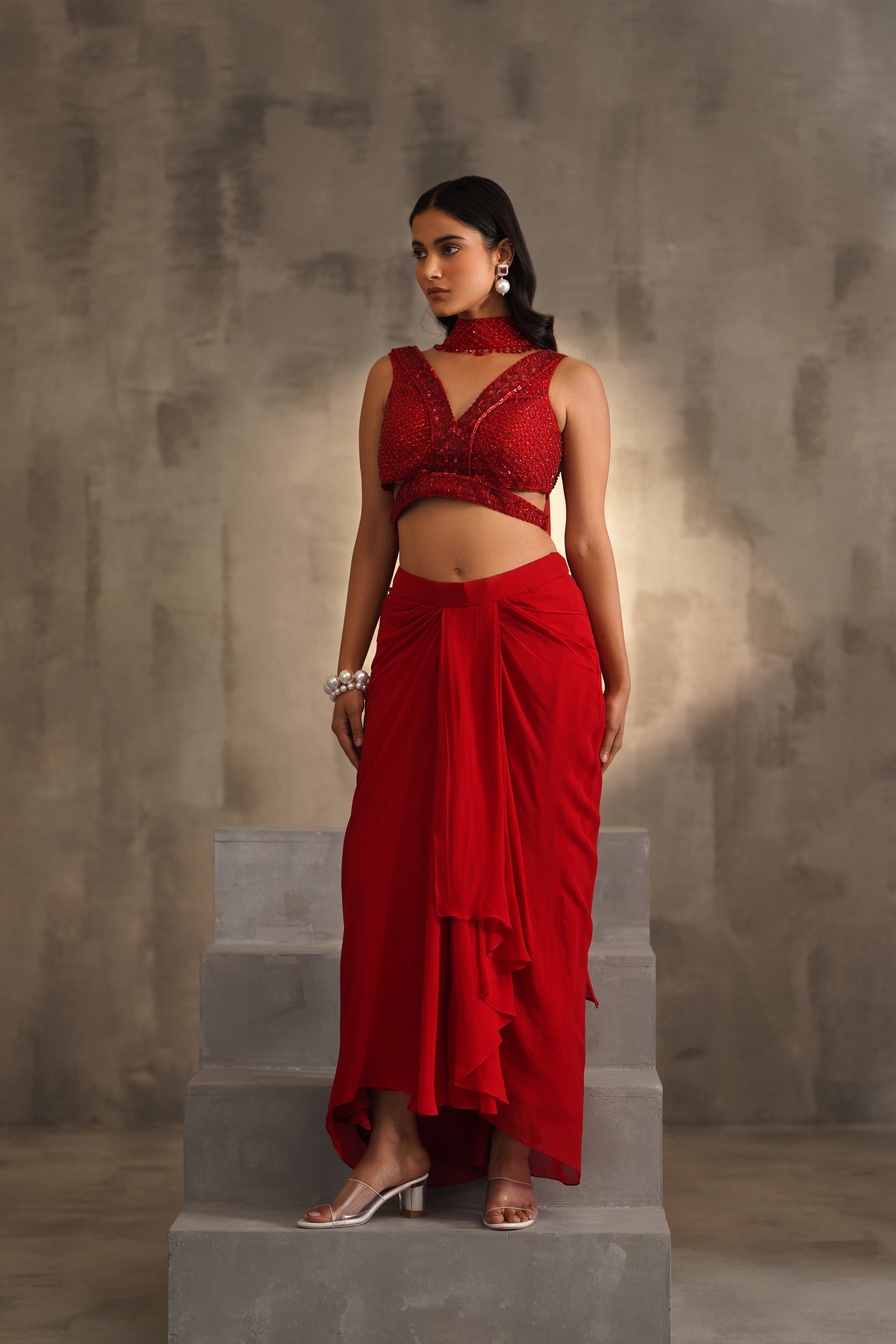 RED EMBROIDERED BLOUSE AND DHOTI SKIRT, CHOKER DUPATTA