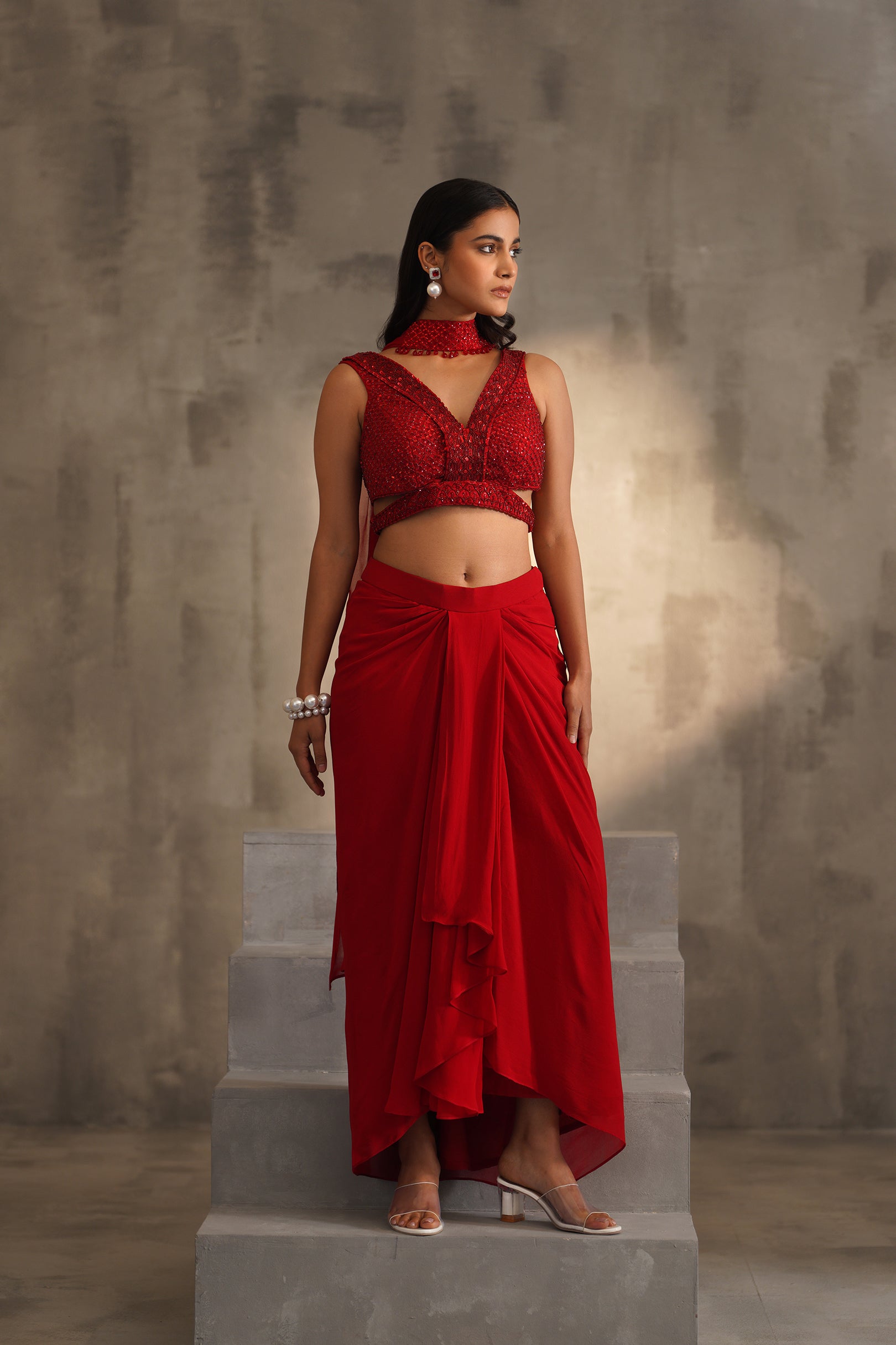 RED EMBROIDERED BLOUSE AND DHOTI SKIRT, CHOKER DUPATTA