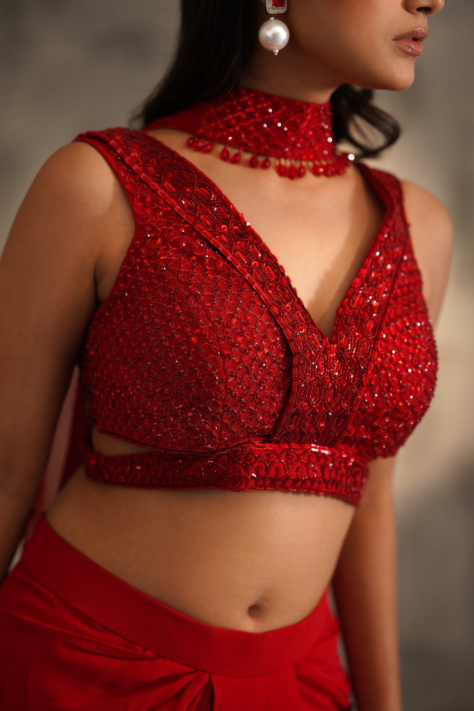 RED EMBROIDERED BLOUSE AND DHOTI SKIRT, CHOKER DUPATTA