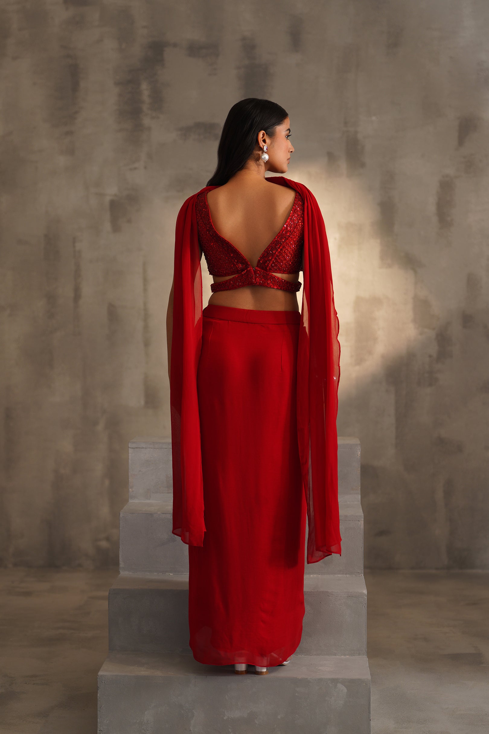 RED EMBROIDERED BLOUSE AND DHOTI SKIRT, CHOKER DUPATTA